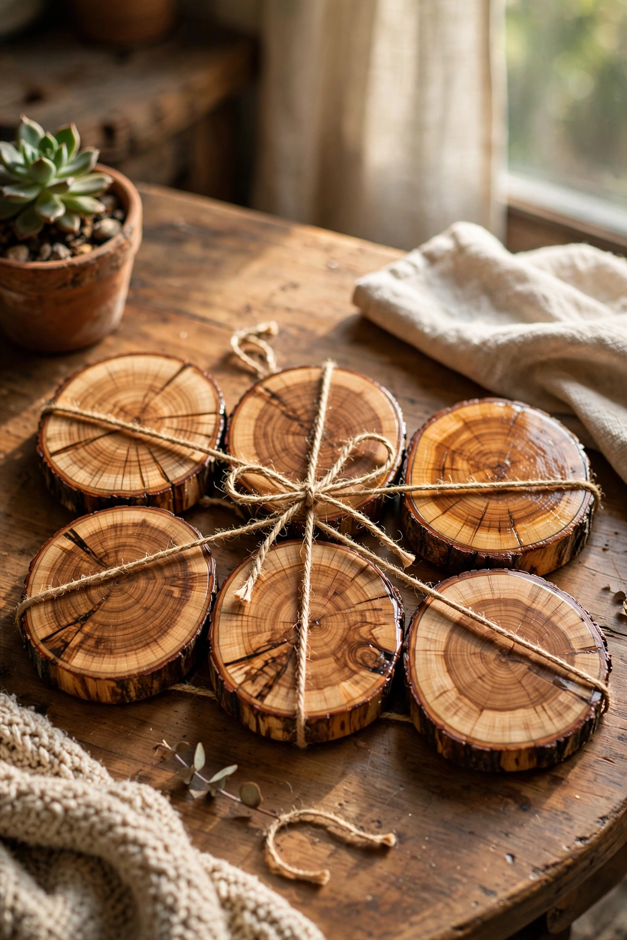 Wood slice coasters with visible grain tied with twine