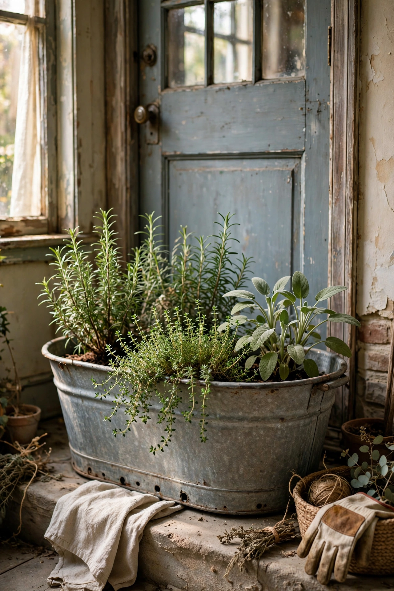 Galvanised wash tub planted with herbs by a back door