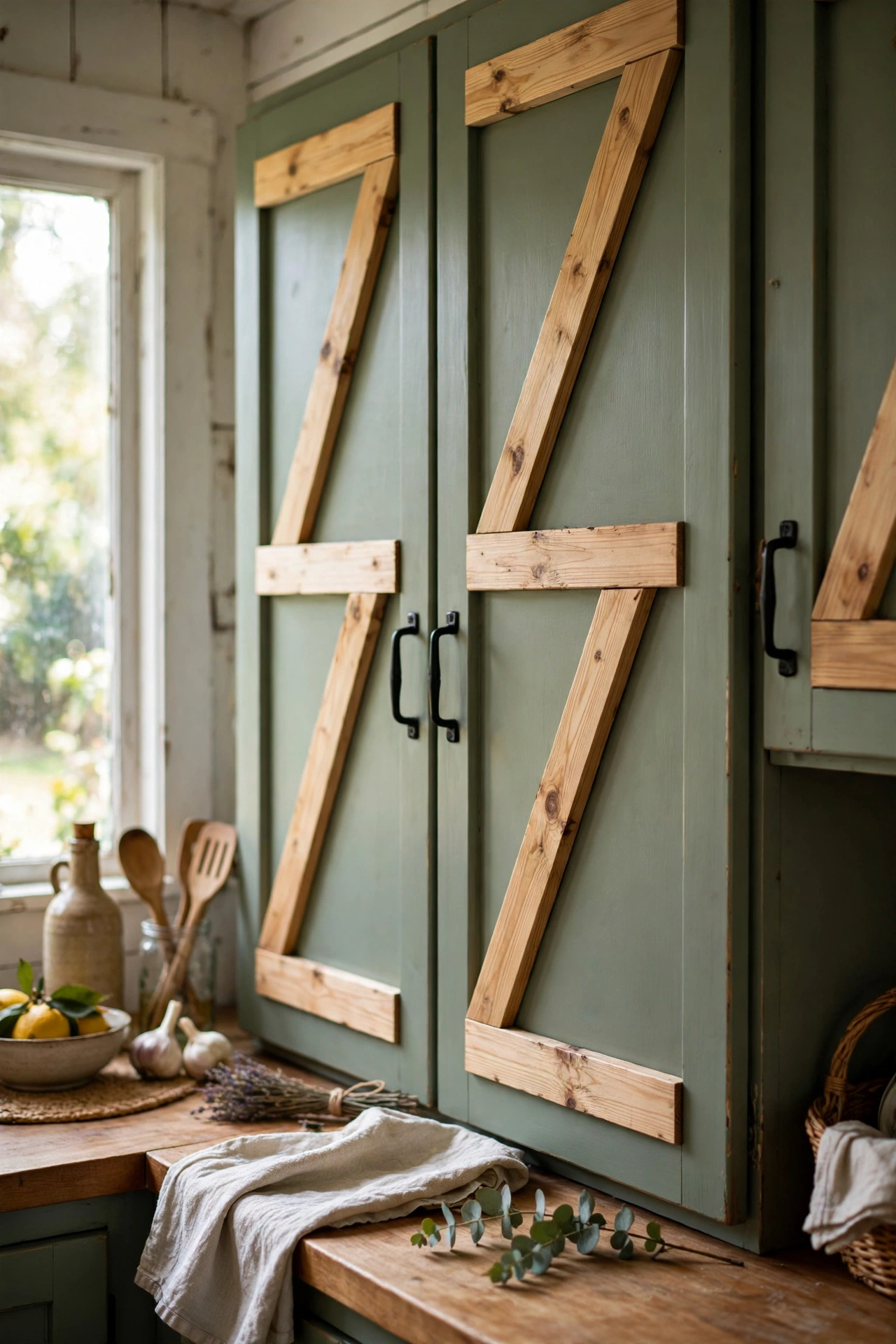 Kitchen cabinet doors with barn-door Z battens painted sage green