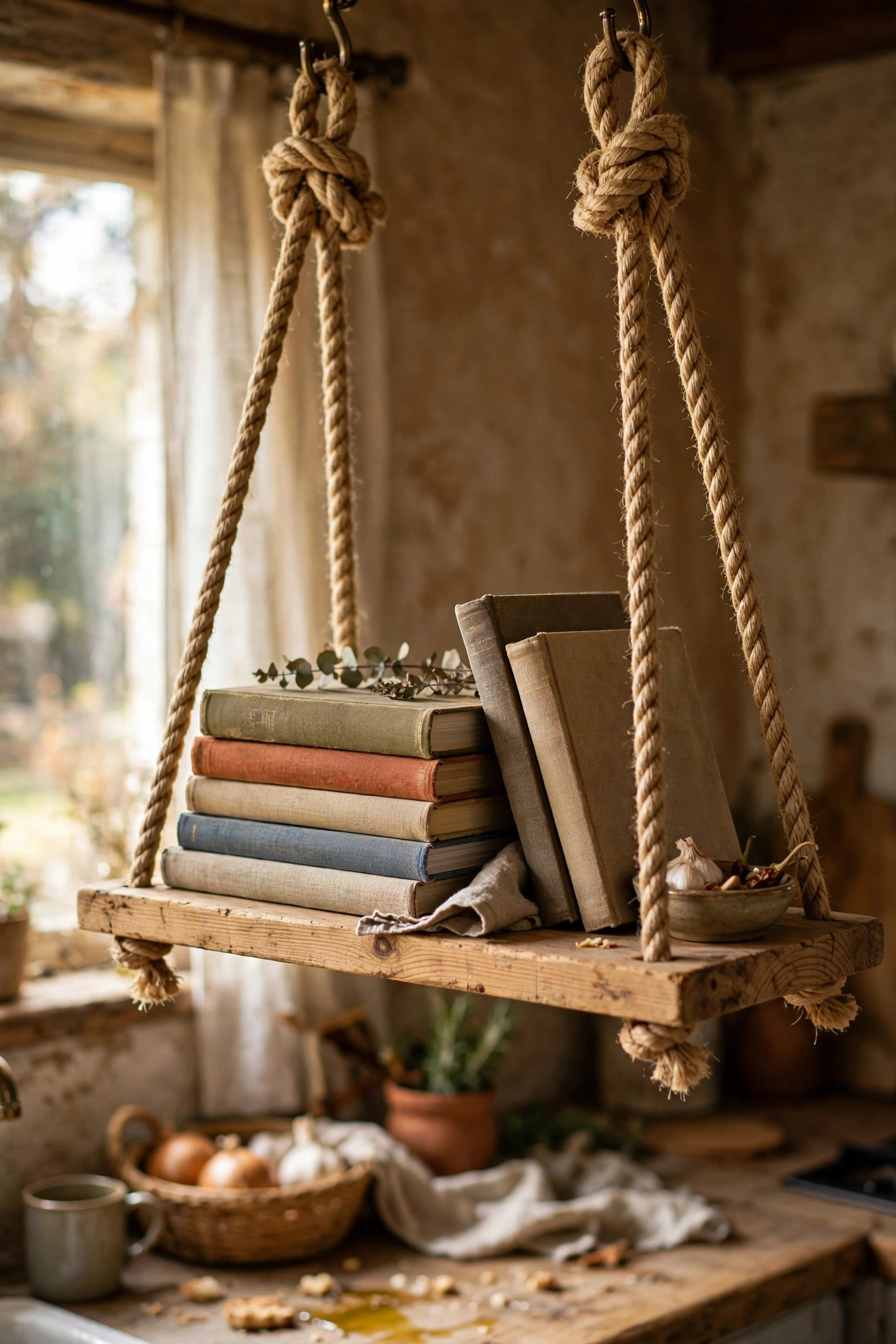 Pine shelf hung from the ceiling with thick manila rope