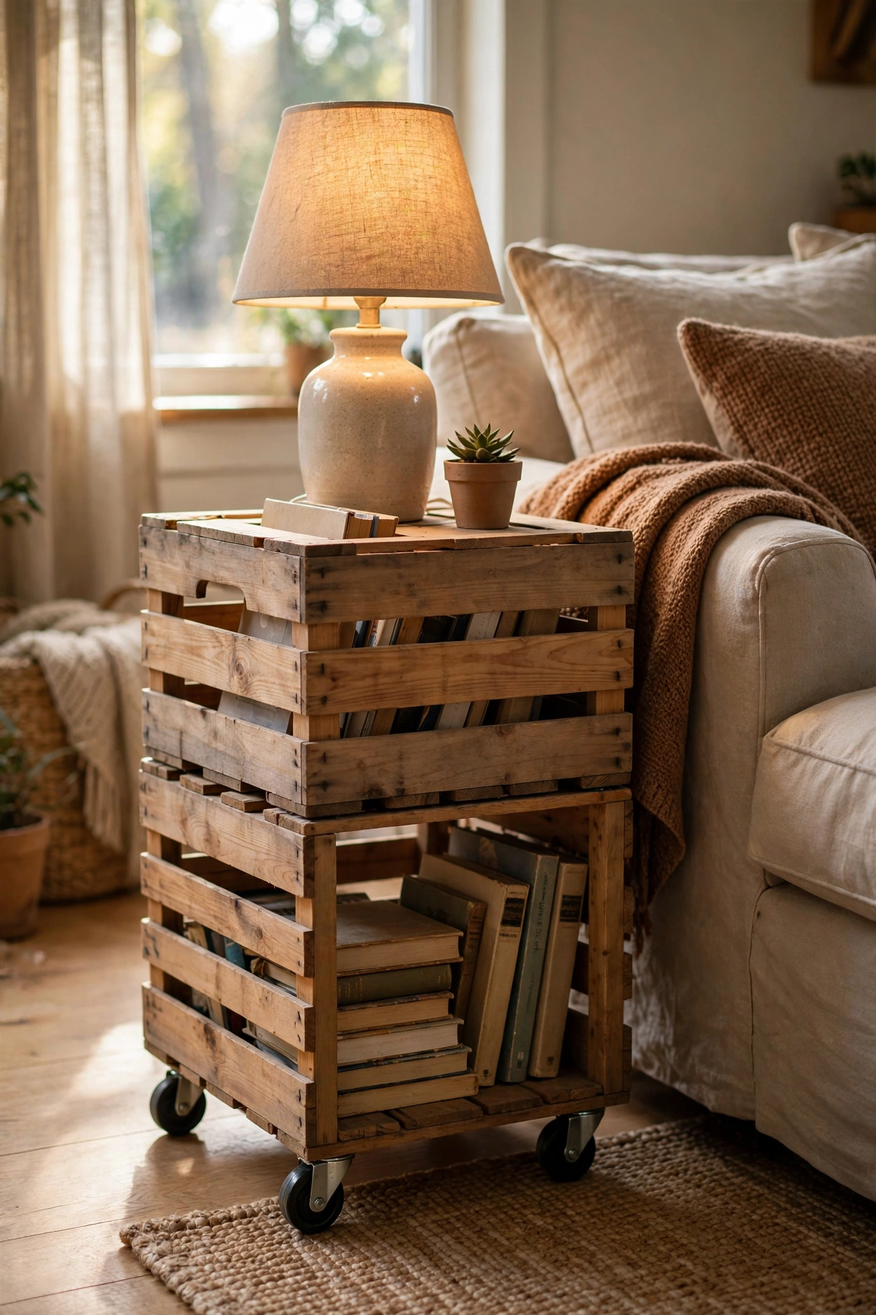 Side table made from two stacked wooden crates on casters