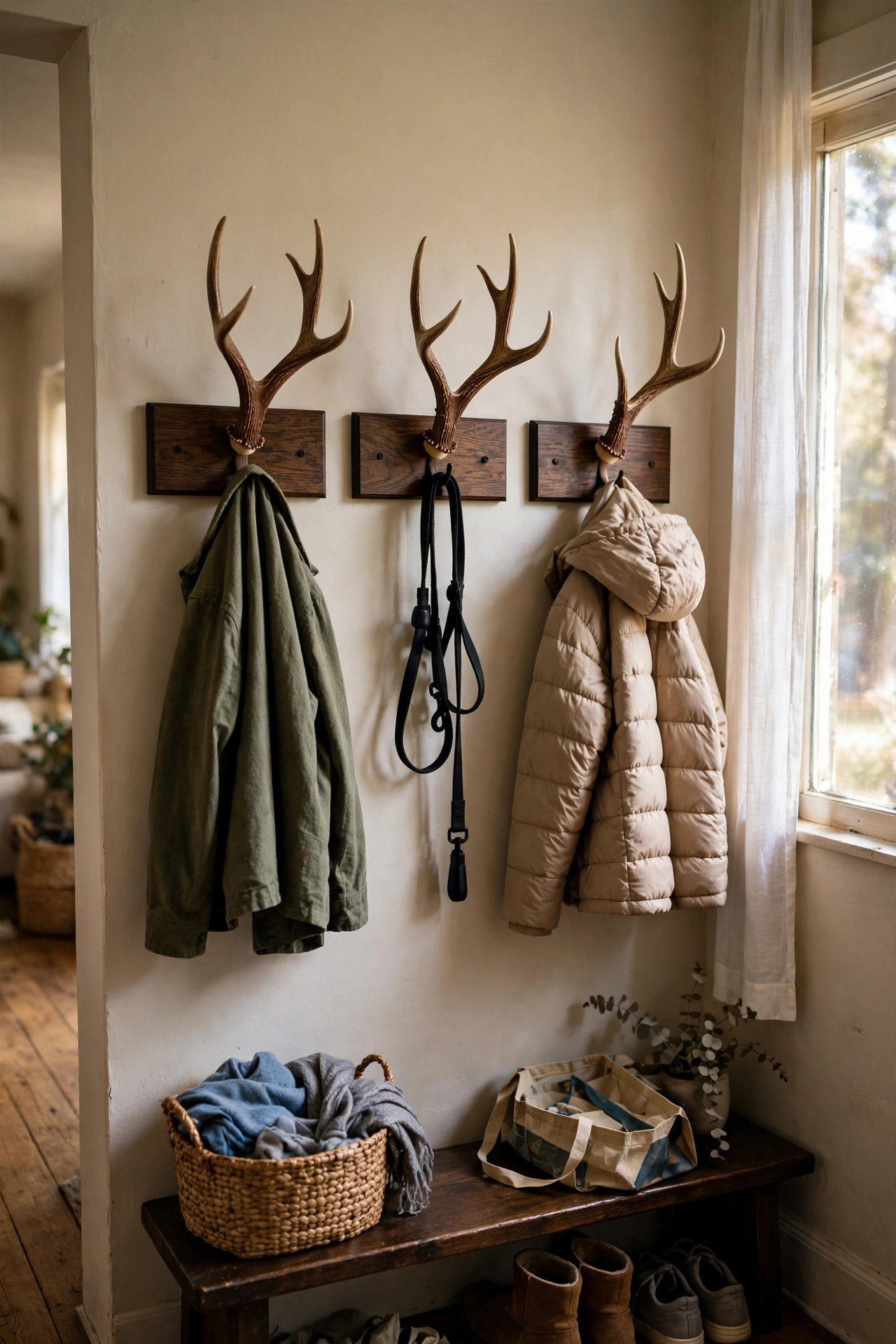 Faux antlers mounted on oak plaques as hallway hooks