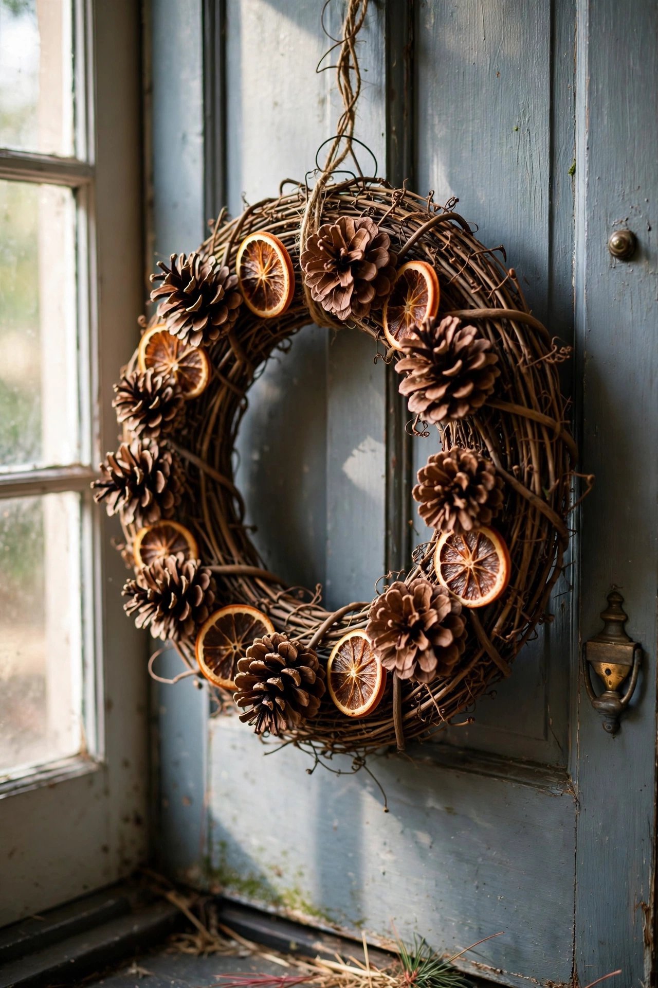 Pinecone wreath with dried orange slices on a front door