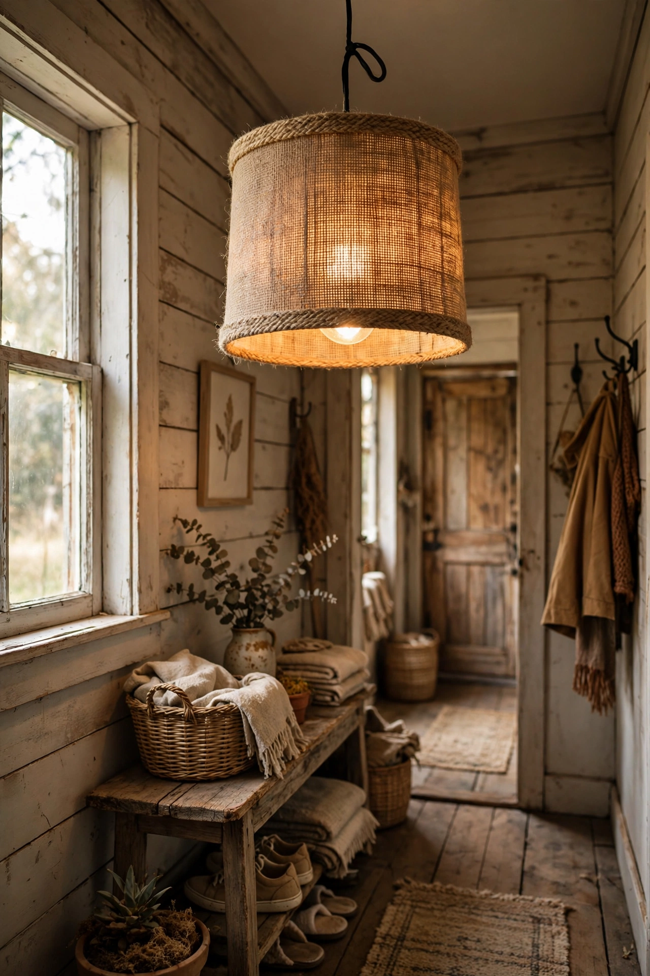 Drum lampshade covered in burlap glowing warmly