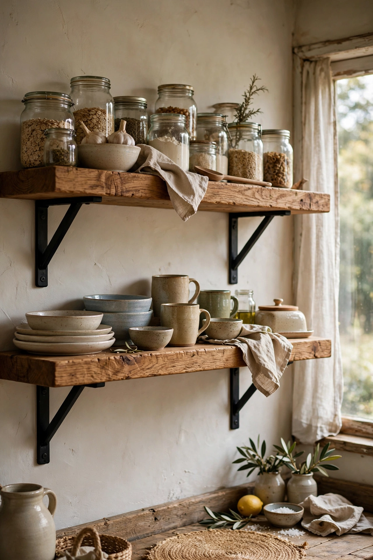 Open oak shelves on black brackets in a rustic kitchen