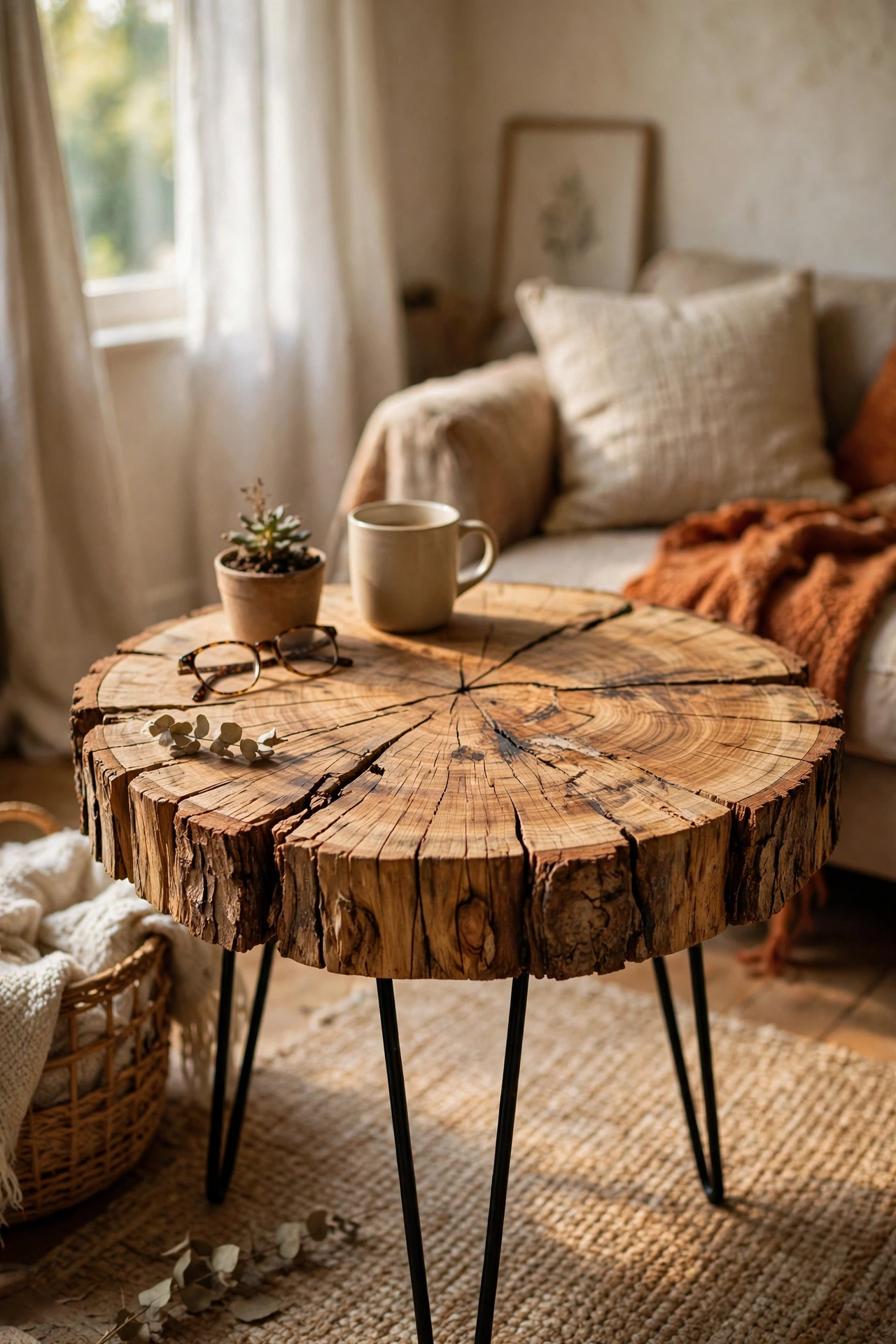 Log slice side table on black hairpin legs