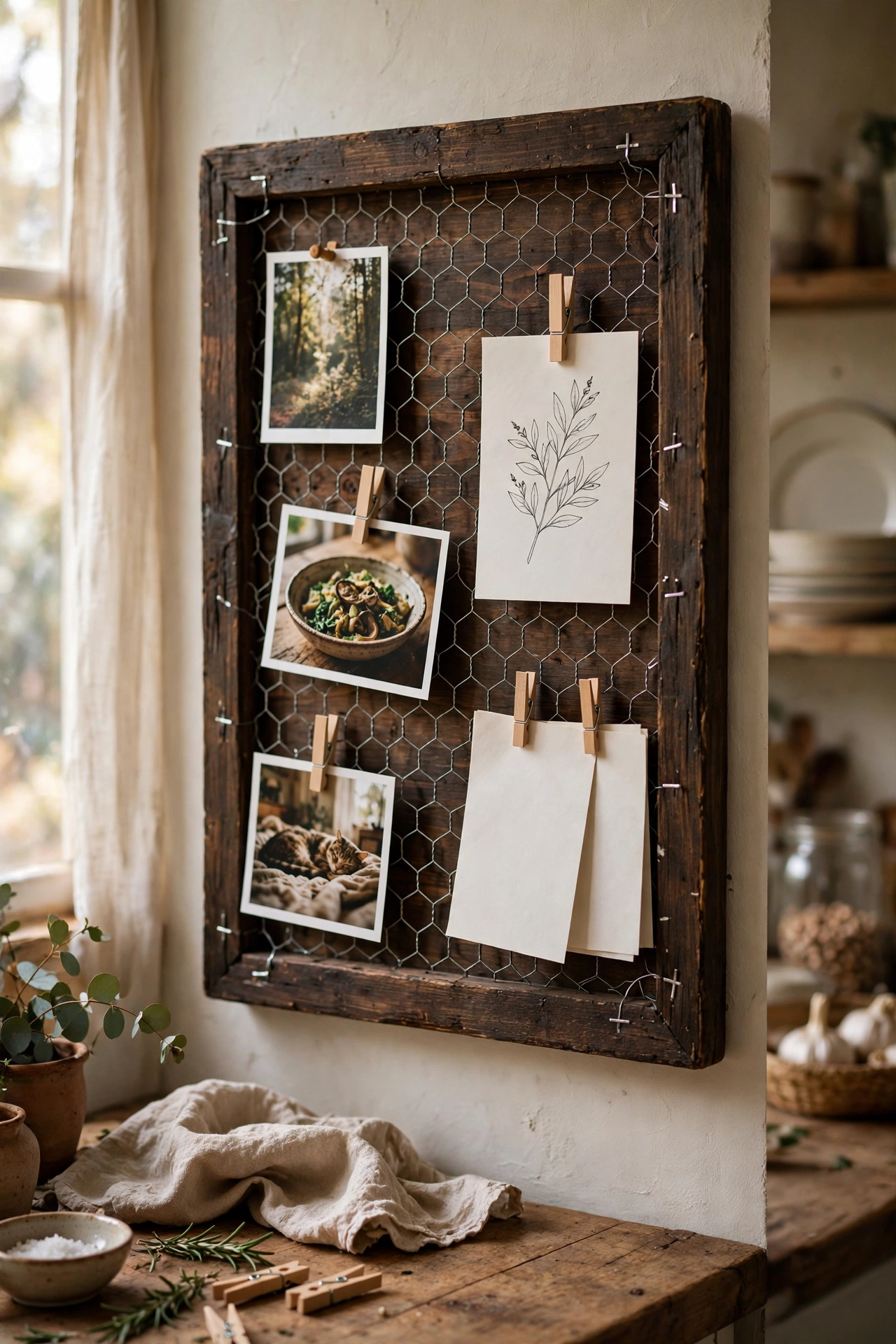 Chicken wire memo board in a pine frame in a kitchen