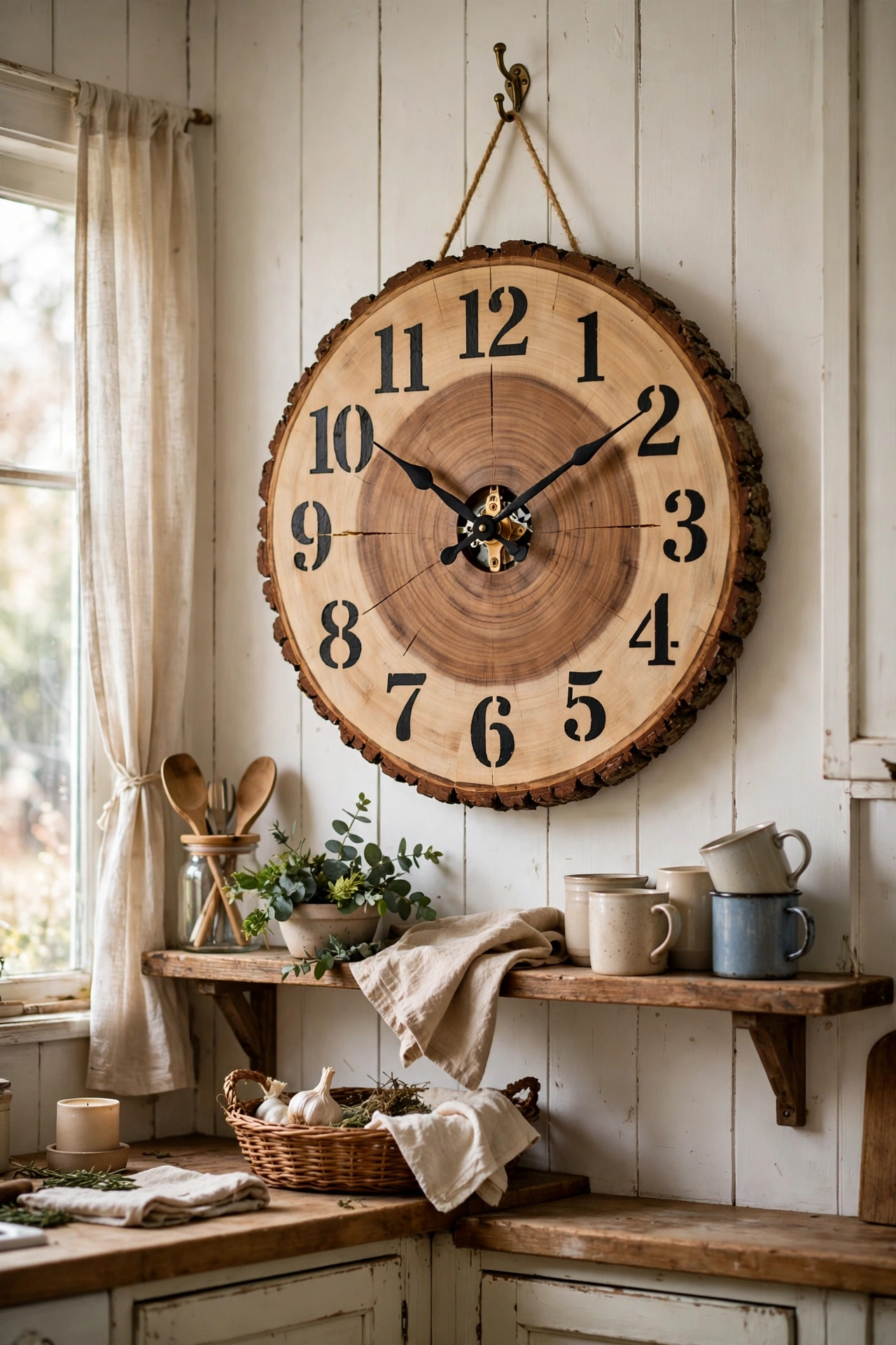 Farmhouse clock made from a wood round with stencilled numerals