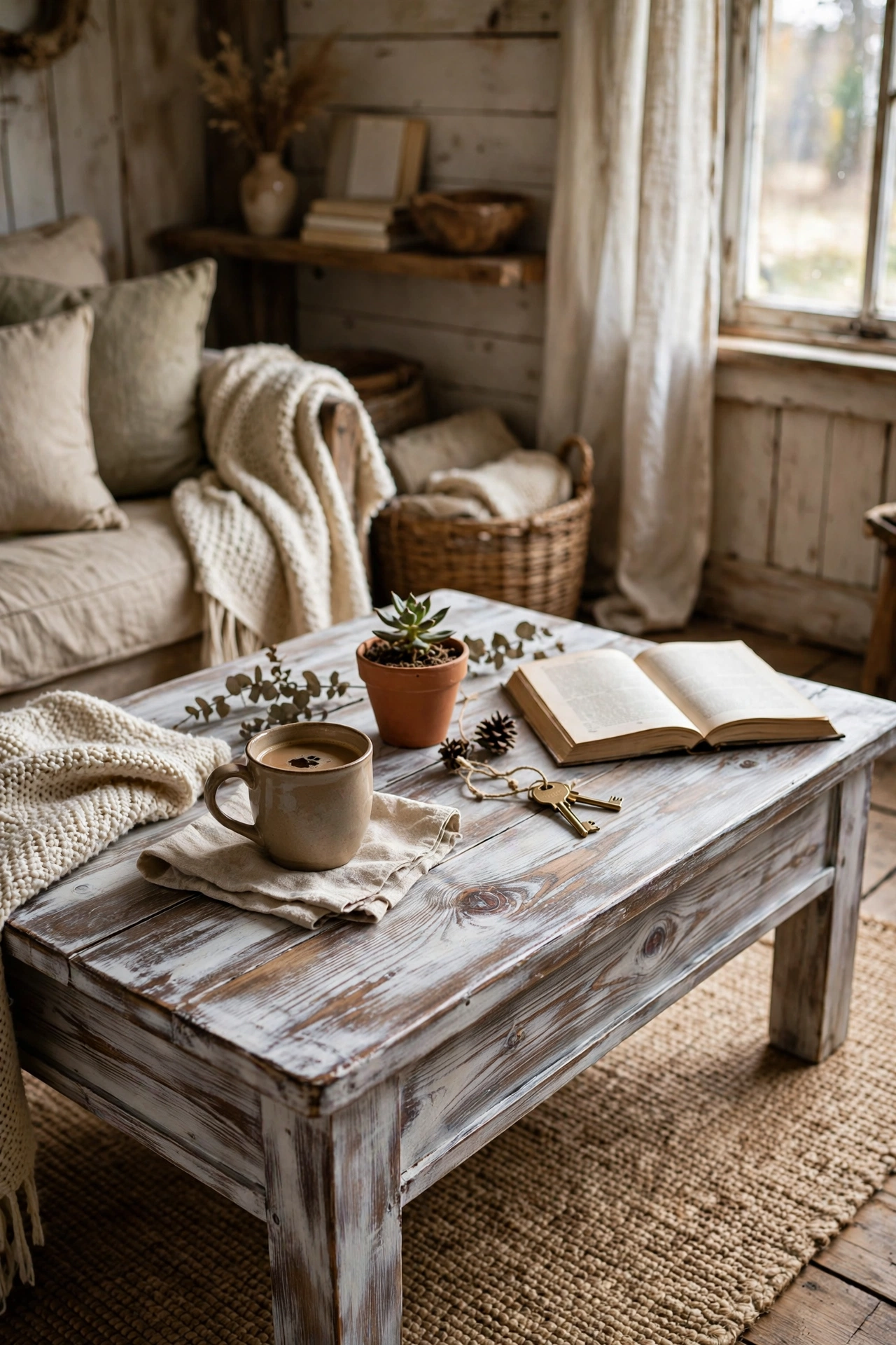 Coffee table refreshed with whitewash showing wood grain