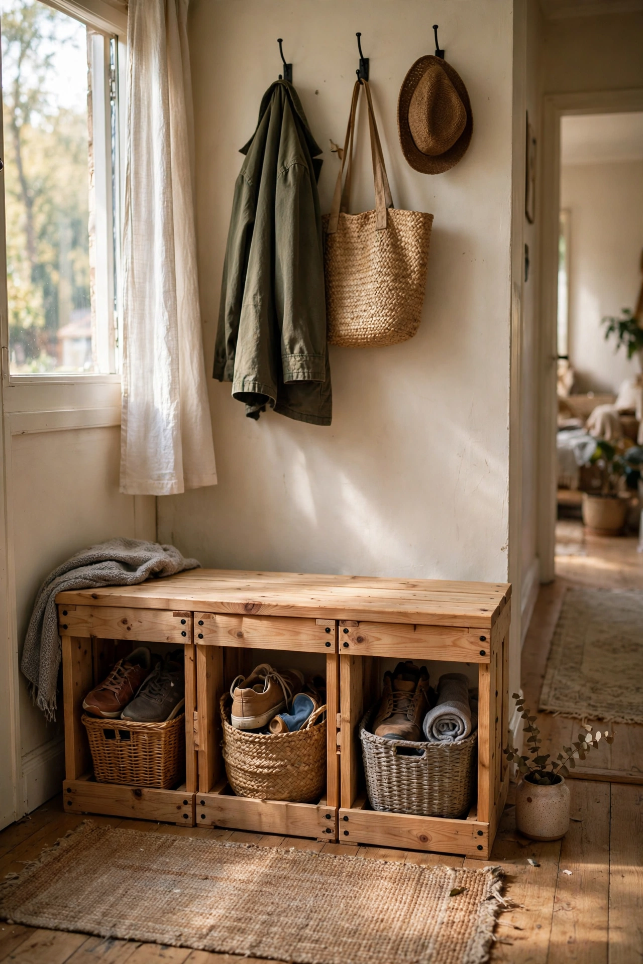 Entryway bench made from three bolted wooden crates