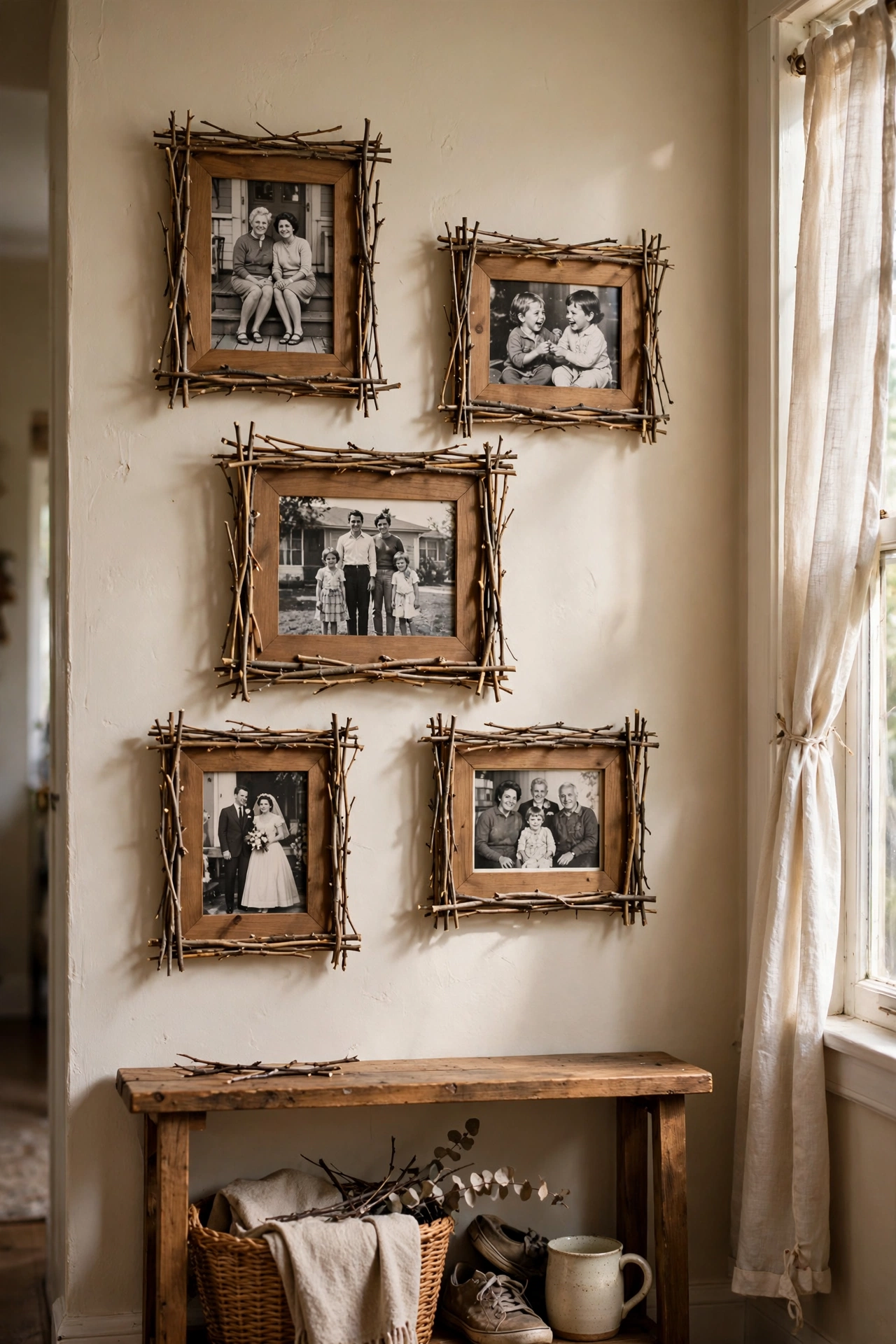 Picture frames decorated with glued twigs in a hallway gallery