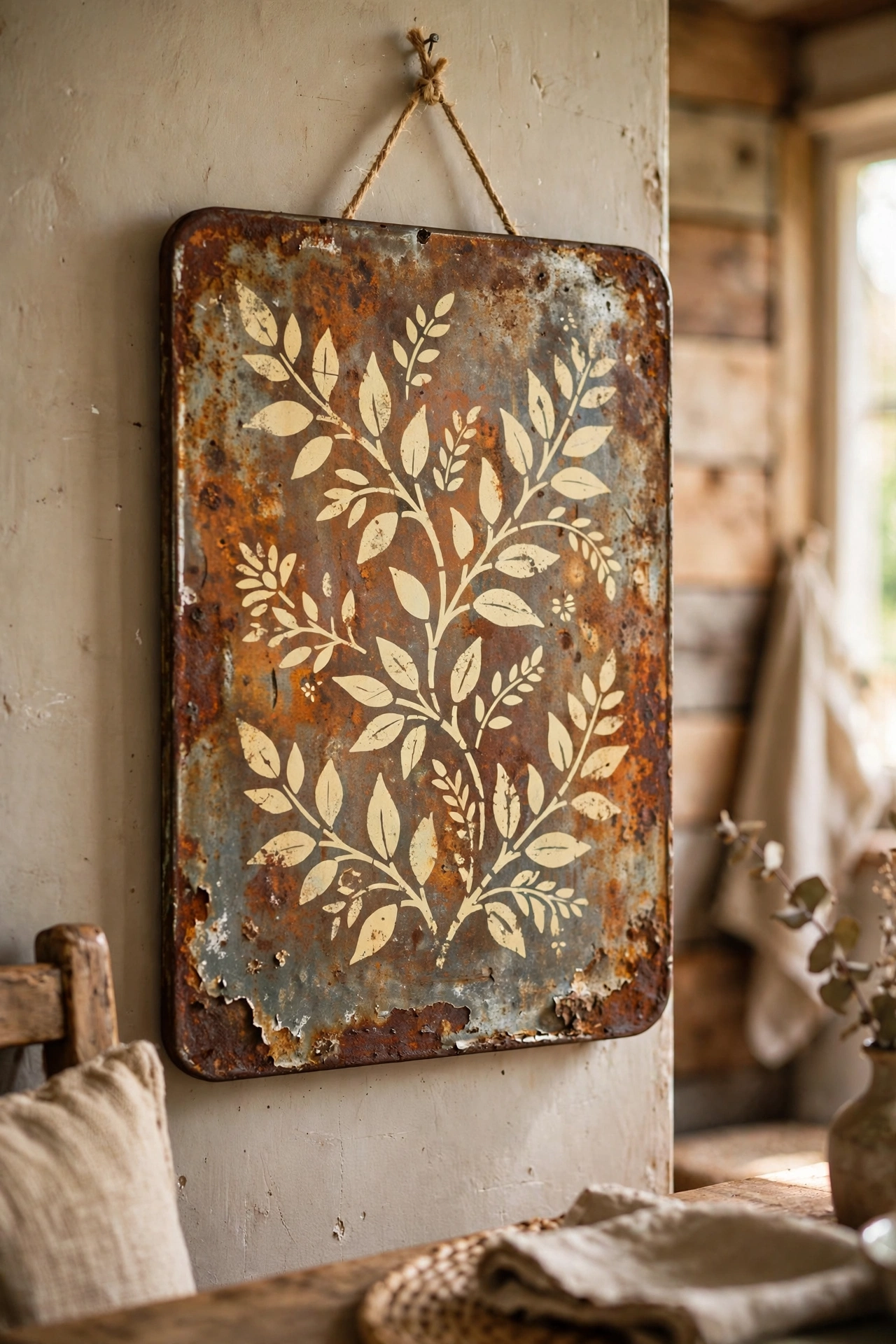 Faux rust tin sign with stencilled word in a dining room