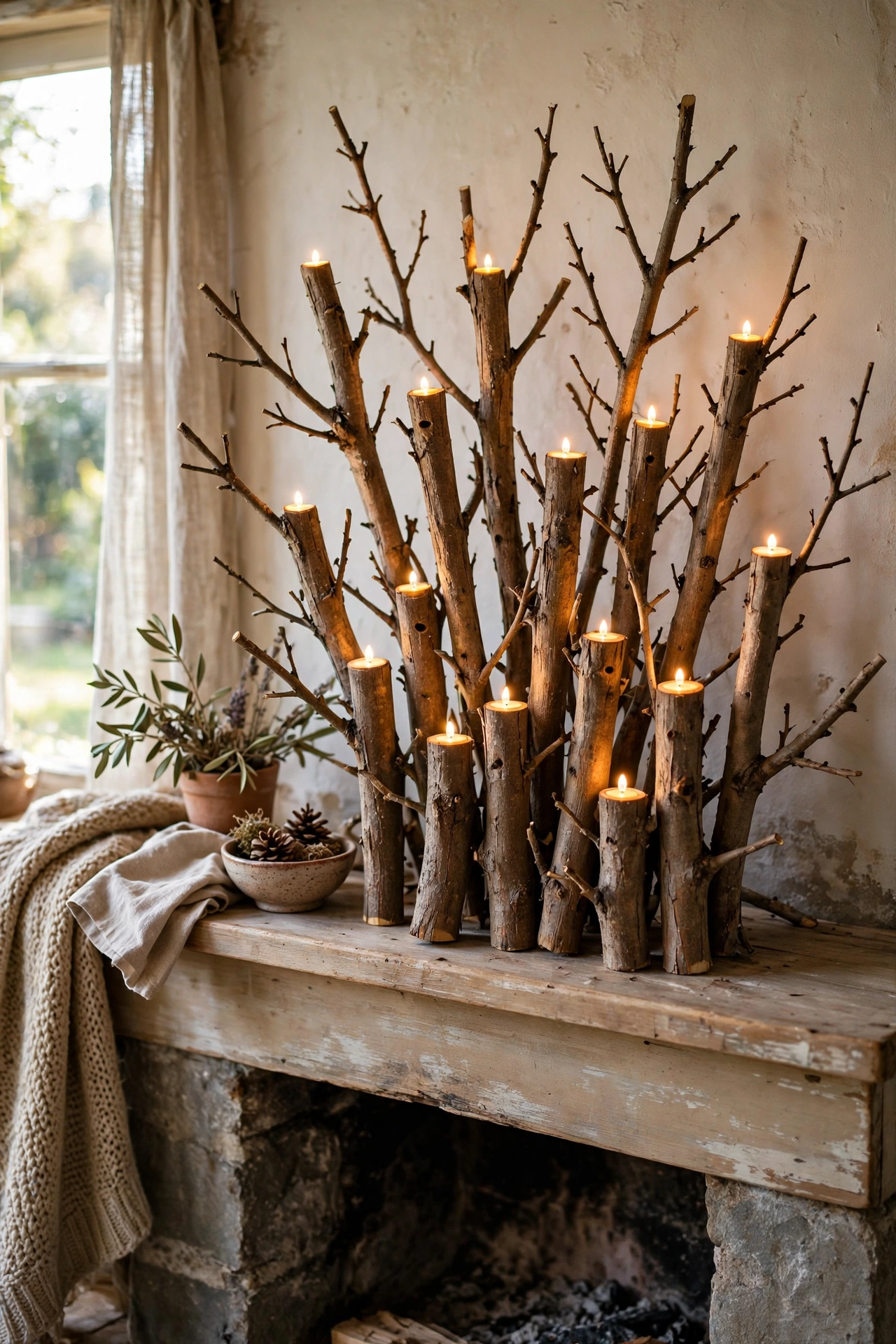 Branch candle holders with LED tea lights on a mantel