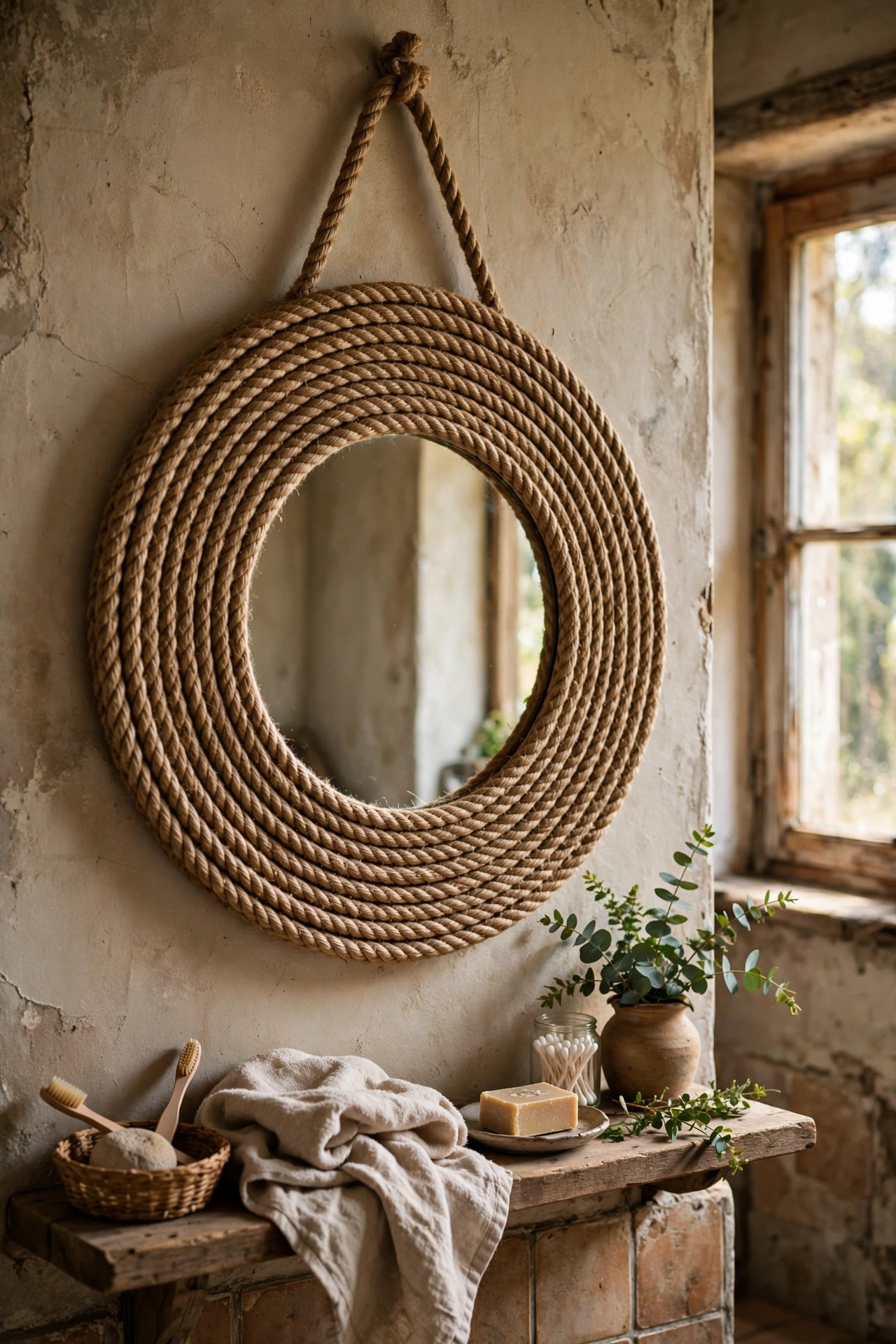 Round mirror wrapped in concentric rings of jute rope