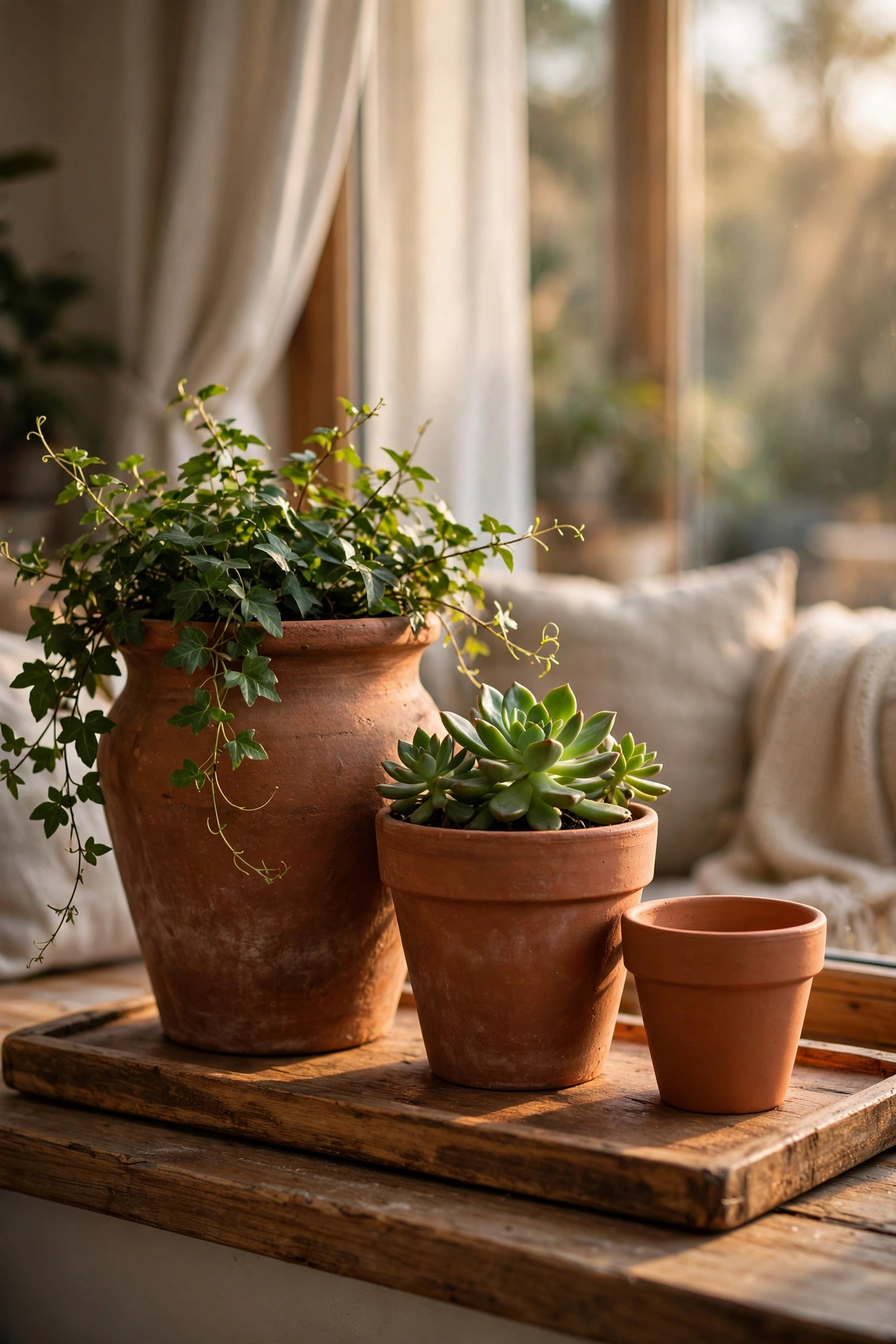 Cluster of terracotta clay pots in different sizes on living room windowsill