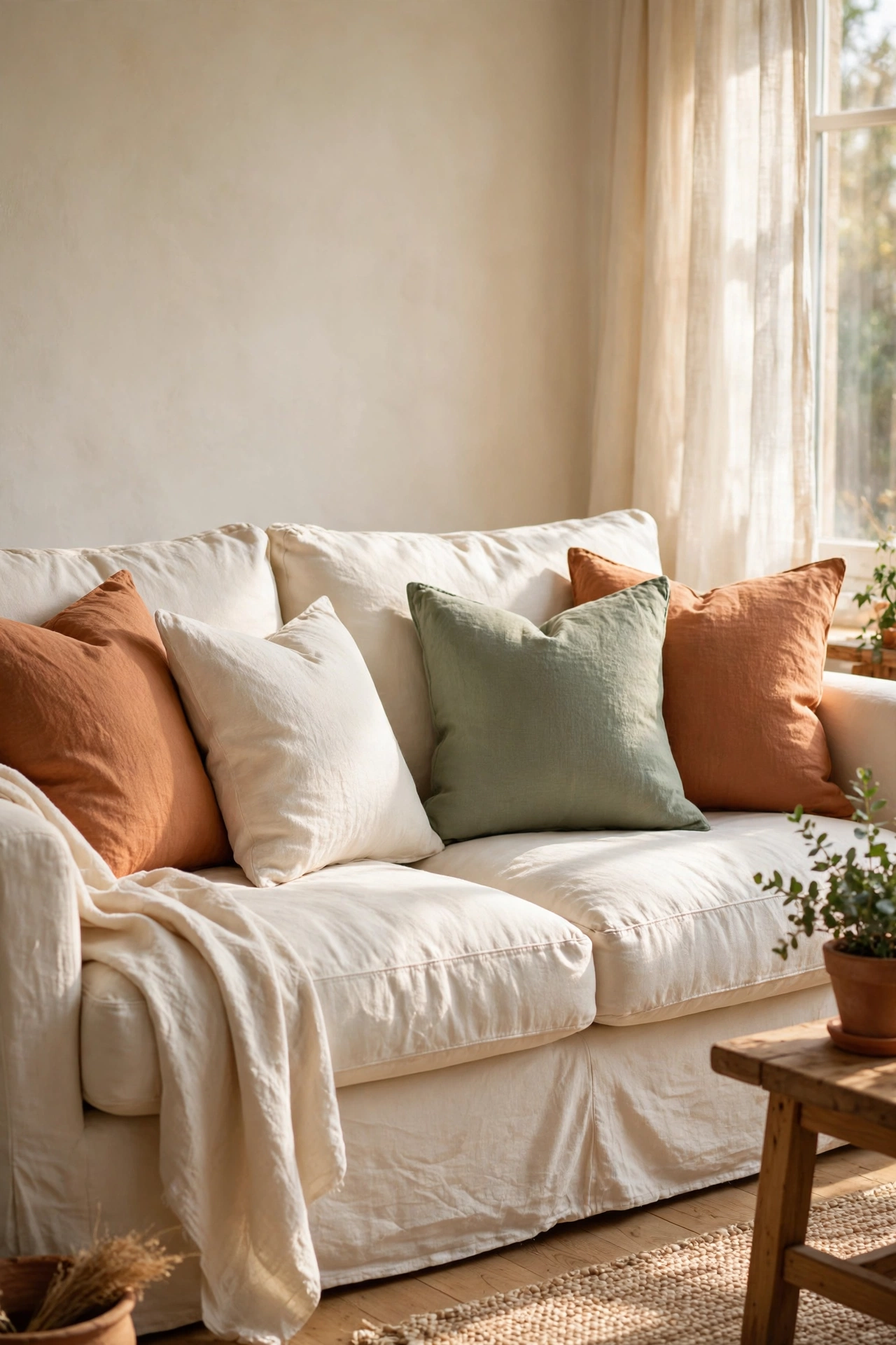 Terracotta linen throw pillows on neutral cream sofa in cozy living room