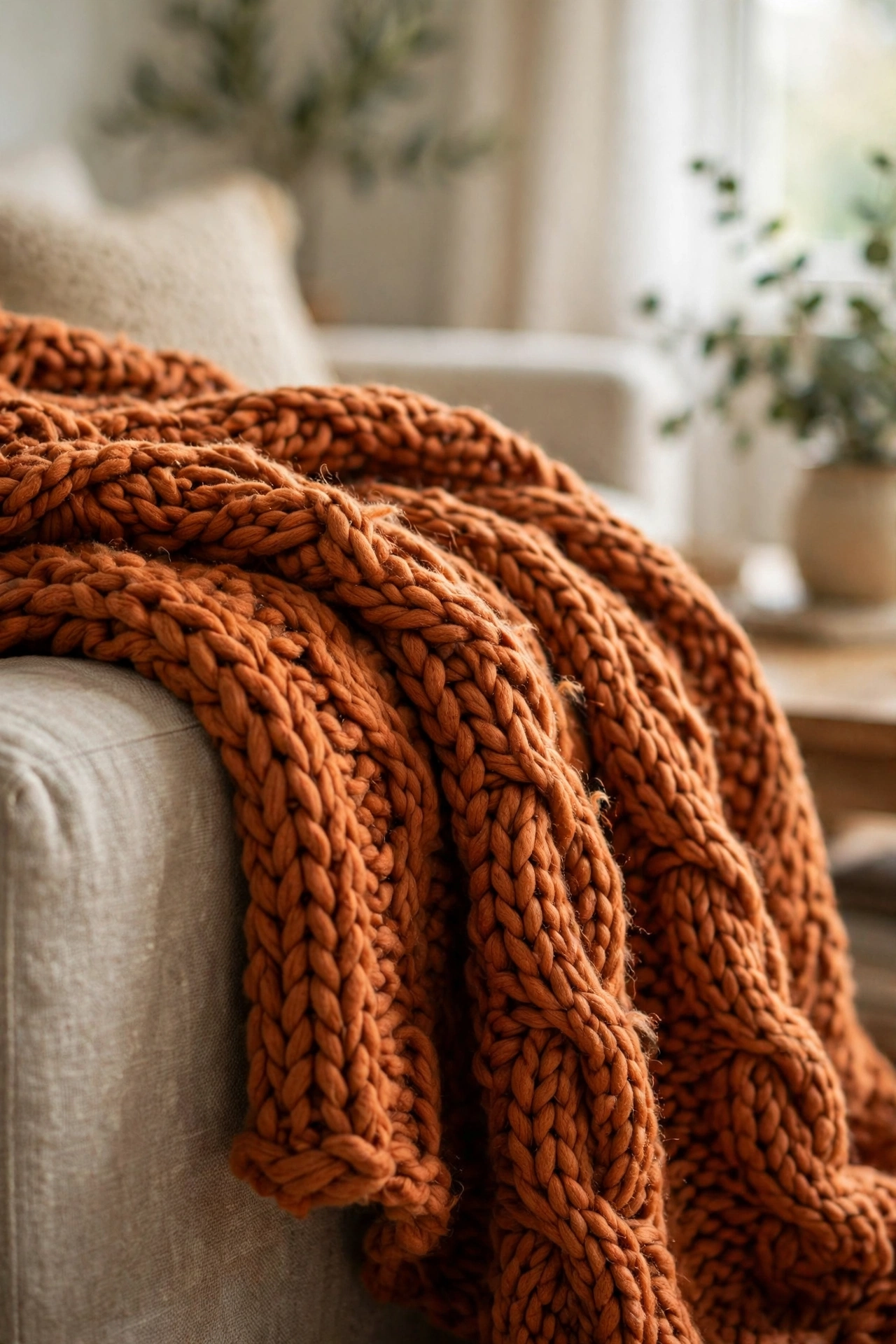 Rust colored chunky knit throw blanket draped over sofa arm
