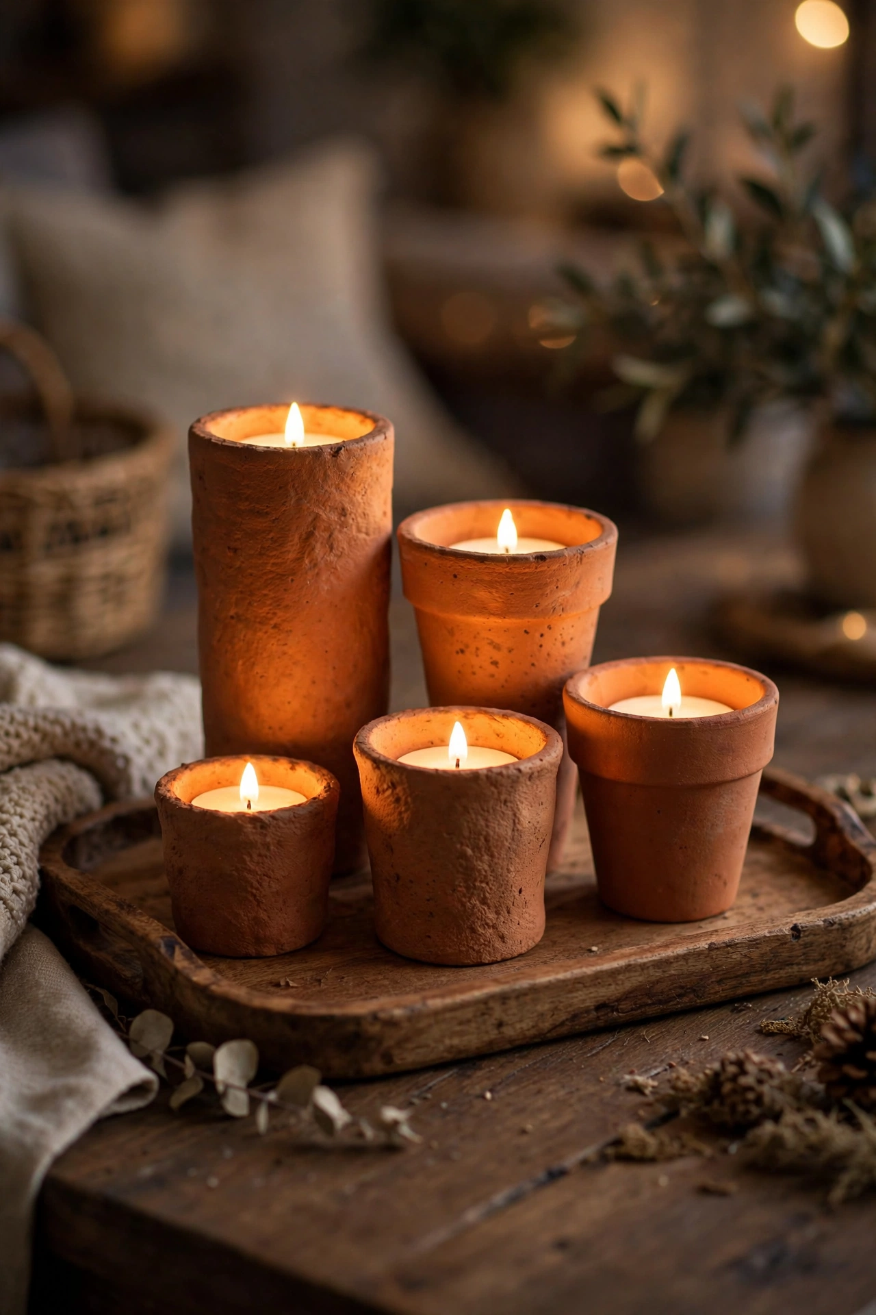 Small terracotta candle holders with tea lights grouped on wood tray