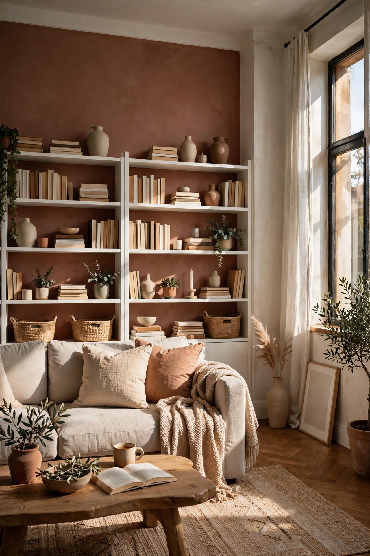 Terracotta clay colored accent wall behind bookshelves in living room