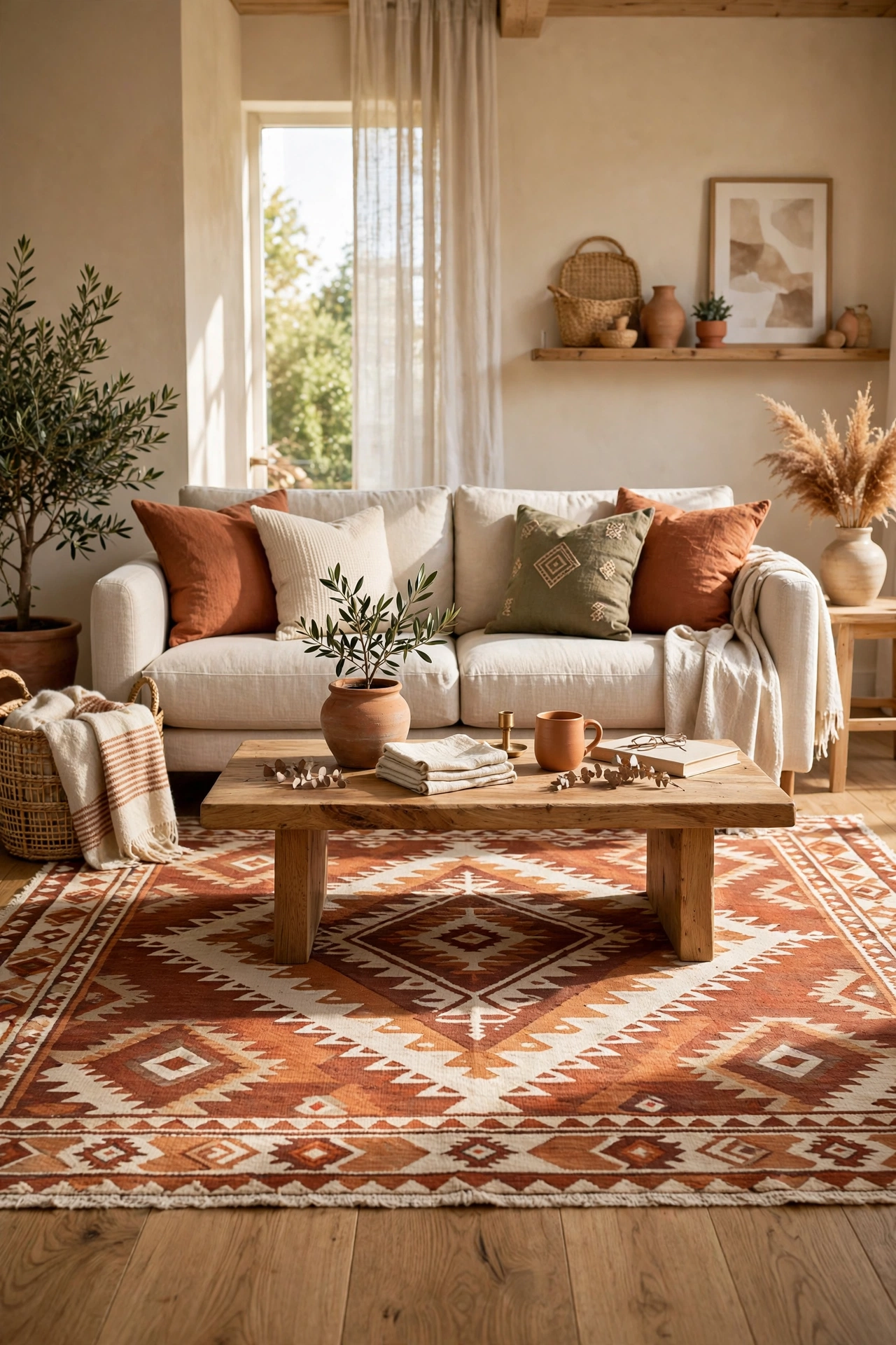 Kilim area rug with terracotta pattern anchoring living room seating area