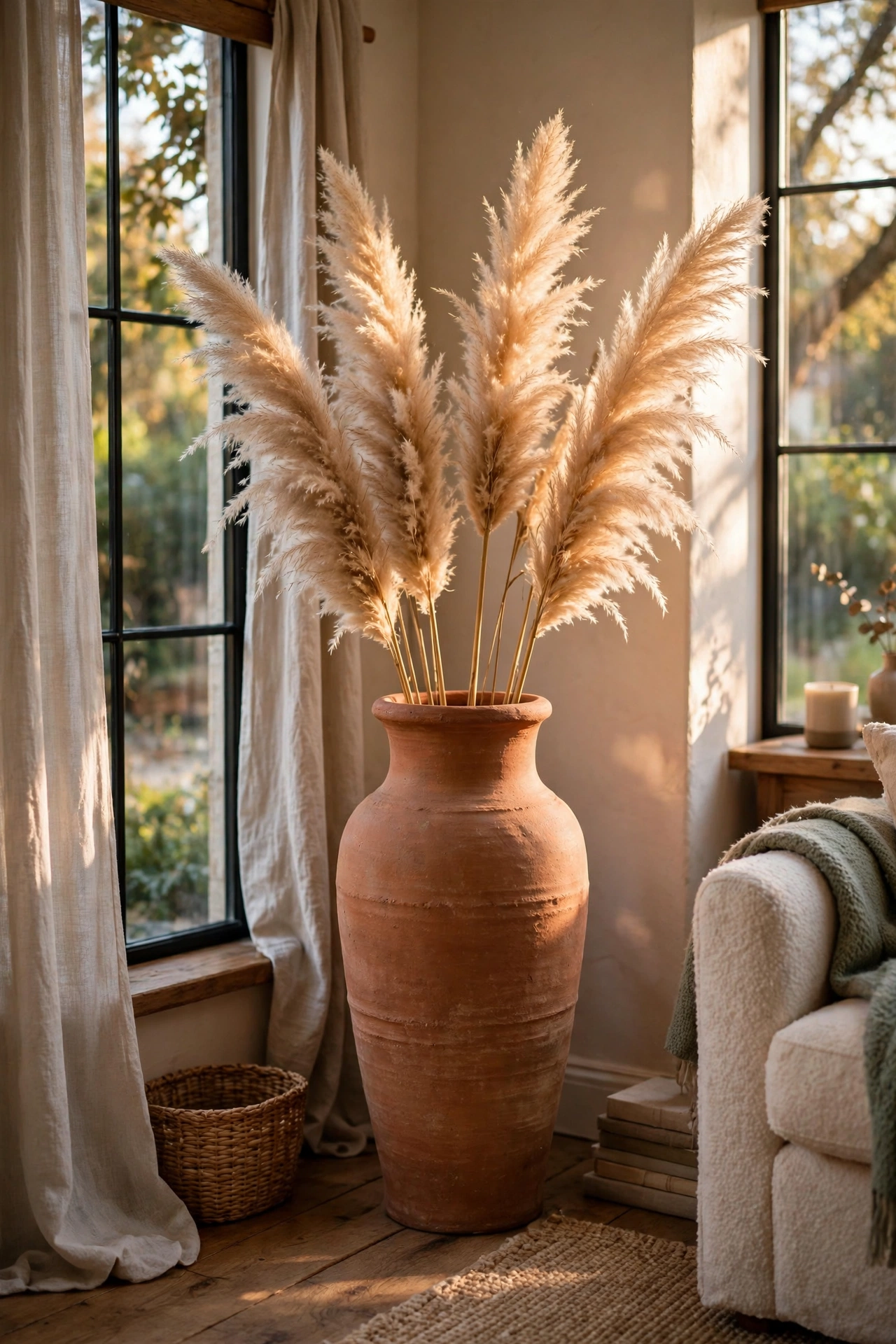 Tall terracotta floor vase with dried pampas grass in living room corner