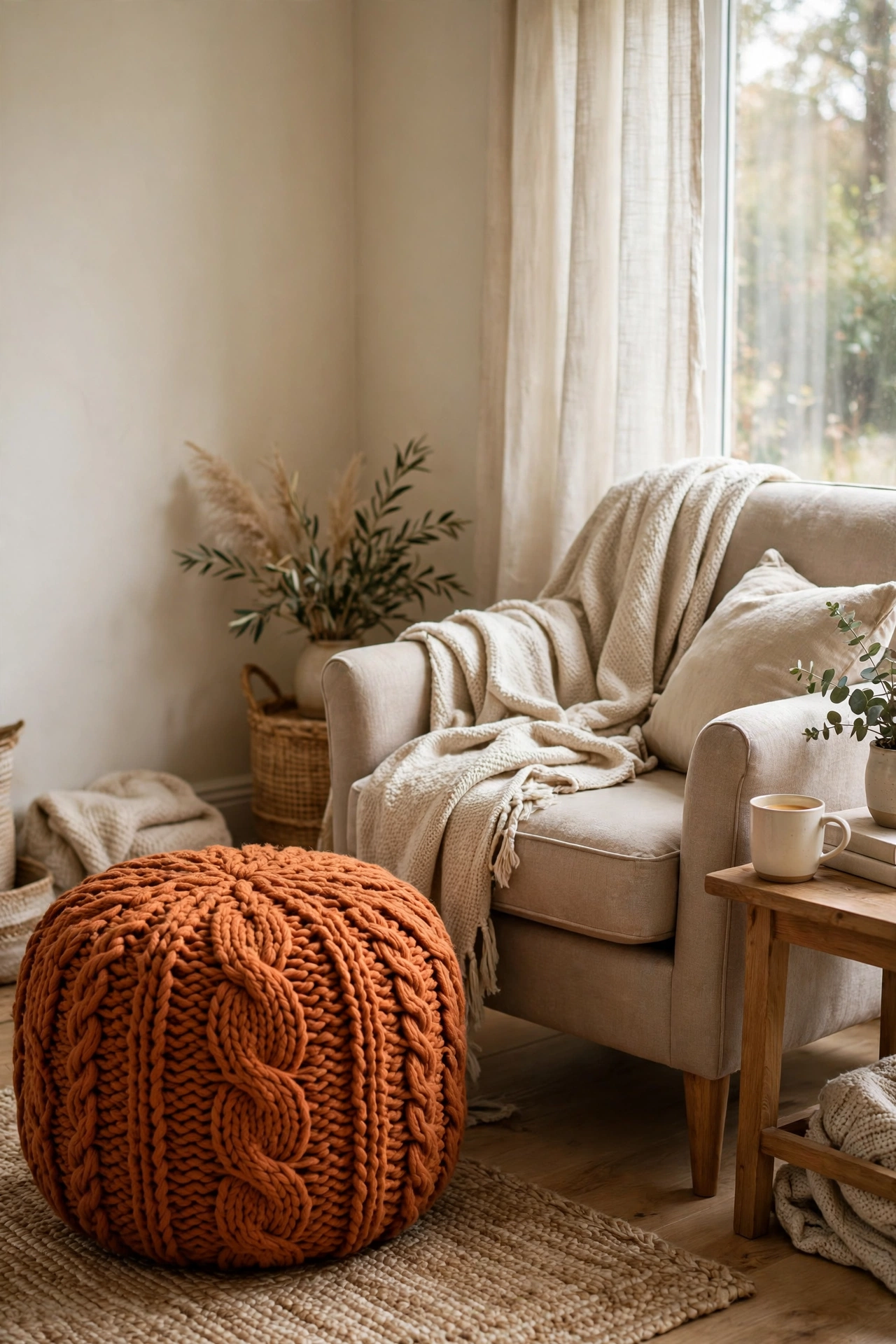 Burnt orange knit pouf beside reading chair in cozy living room