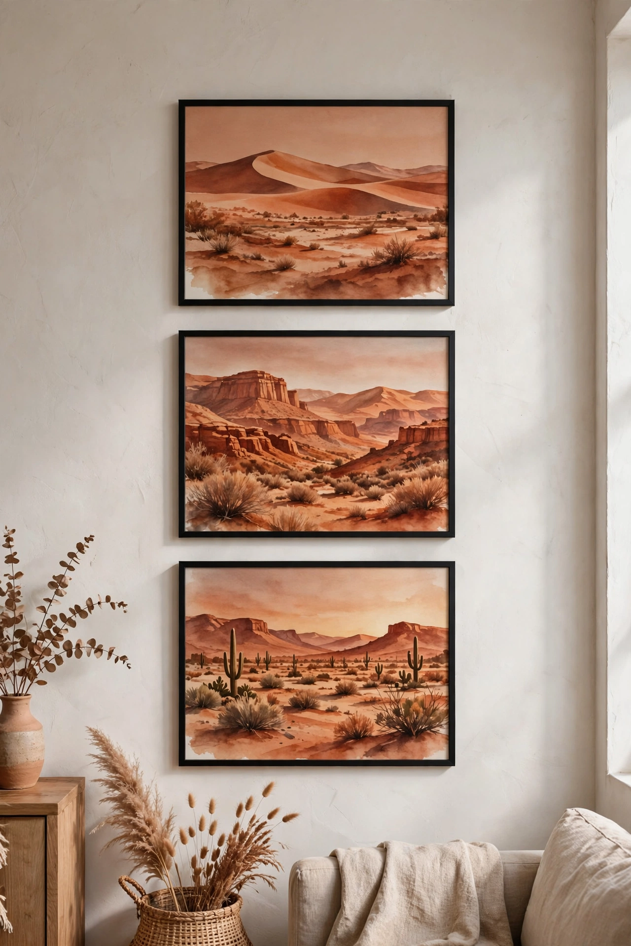 Trio of terracotta desert art prints in simple frames on living room wall