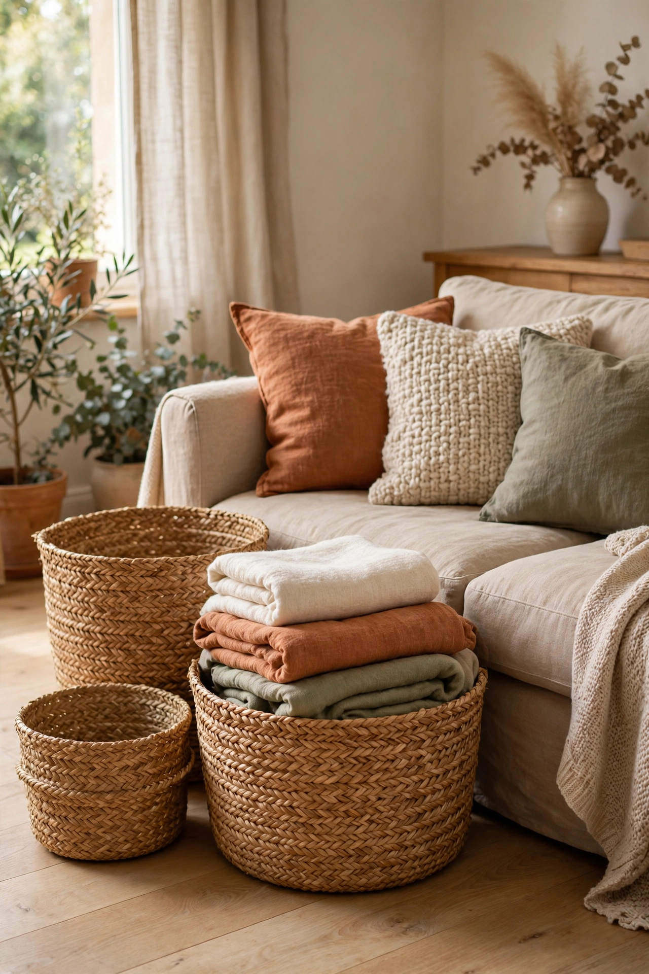 Woven seagrass baskets in warm tones storing blankets beside sofa