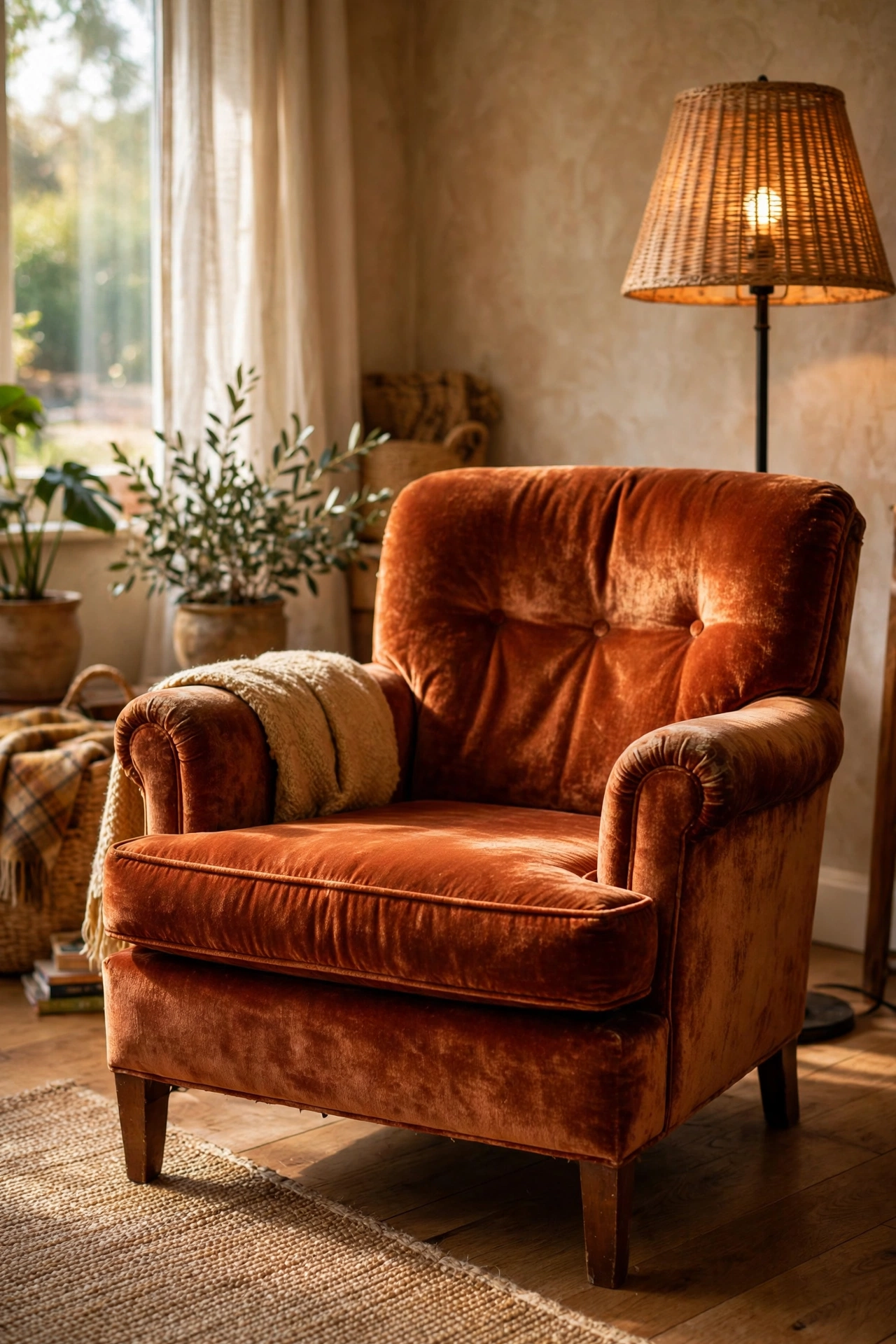 Thrifted rust velvet armchair as statement piece in warm living room
