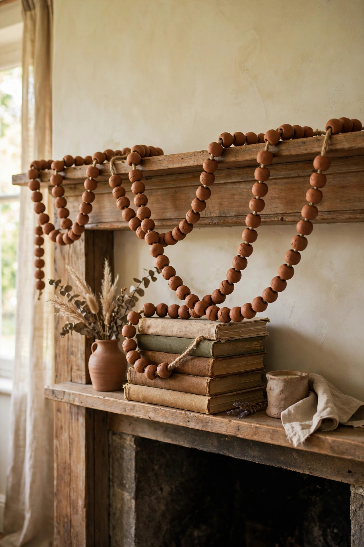 Terracotta clay bead garland draped on living room mantel
