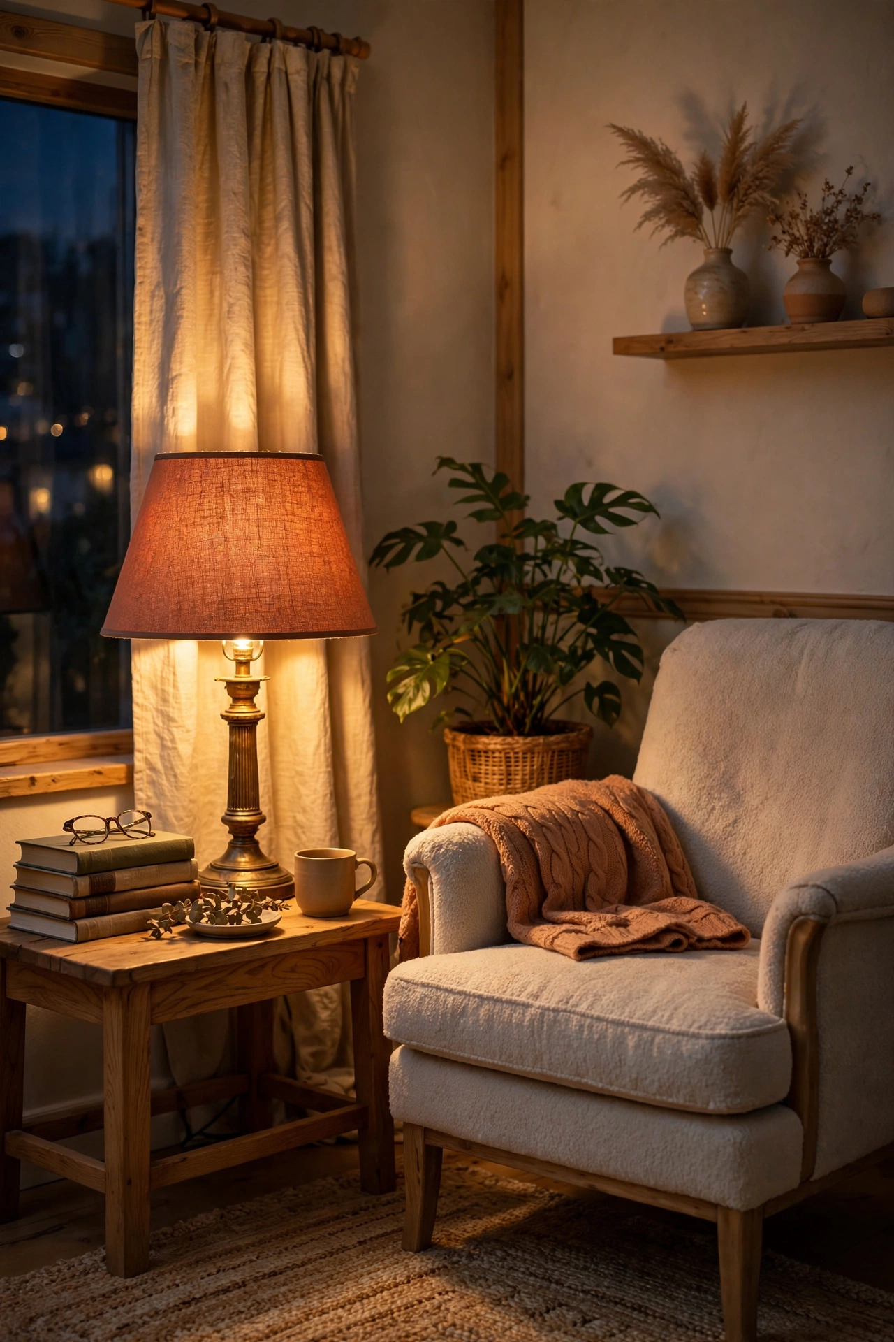 Table lamp with terracotta shade casting golden glow in living room