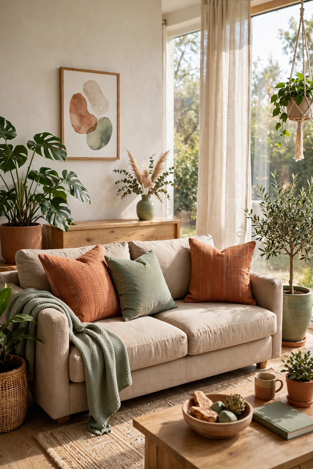 Terracotta pillows paired with sage green accents on living room sofa