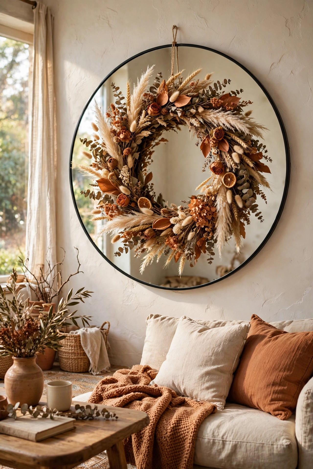 Dried flower wreath in terracotta tones hanging on round mirror
