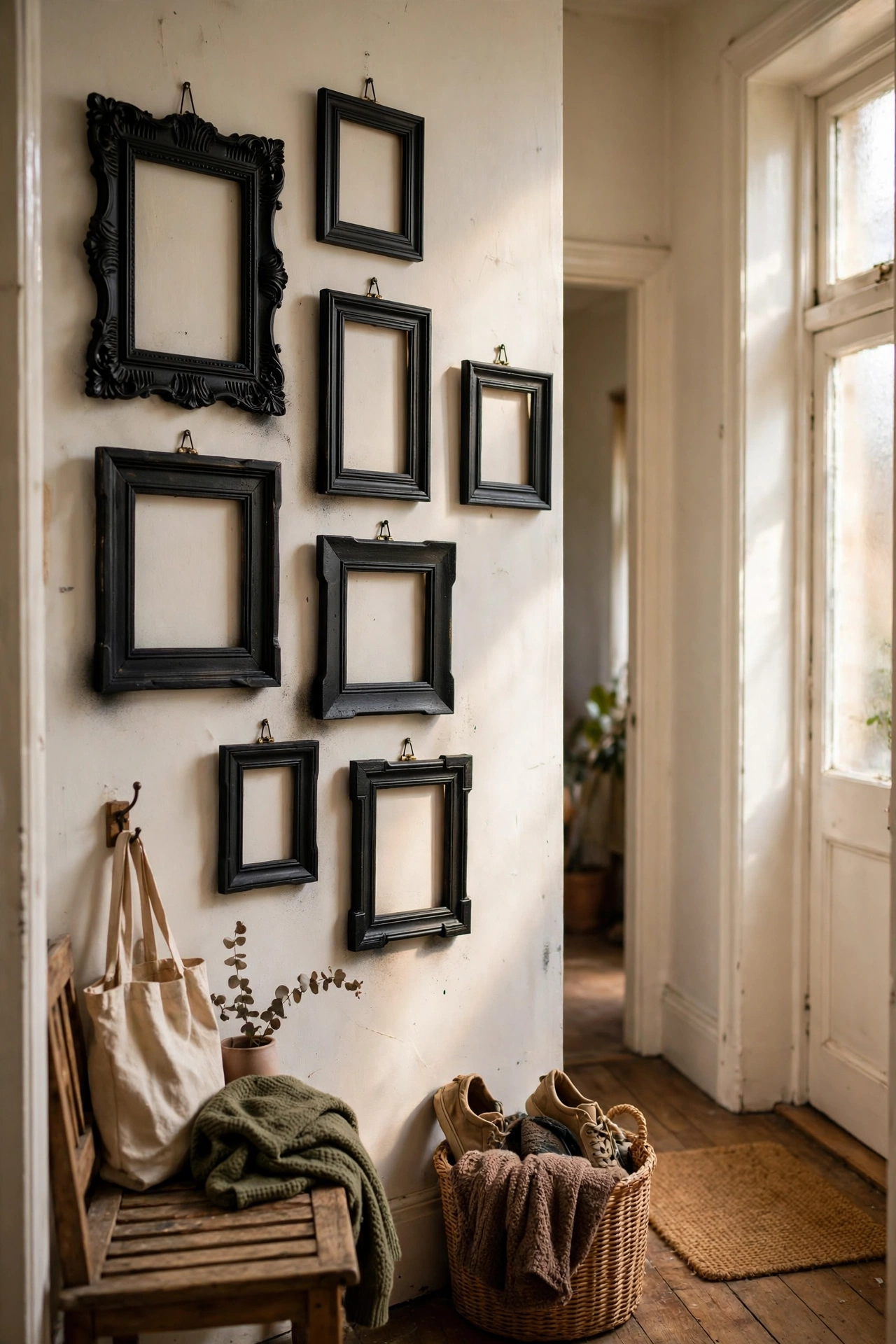 Charity shop picture frames spray-painted matching black on a wall