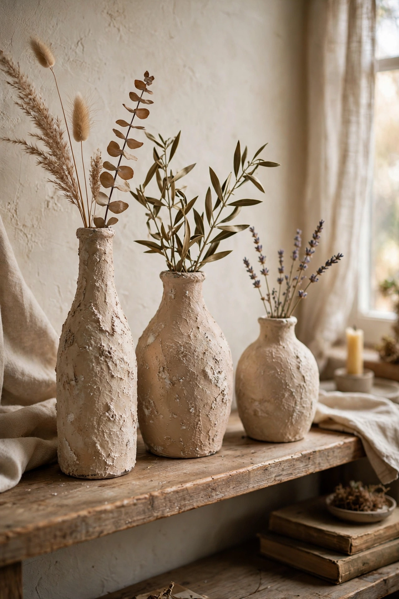 Shiny vases made over with textured chalk paint and baking soda