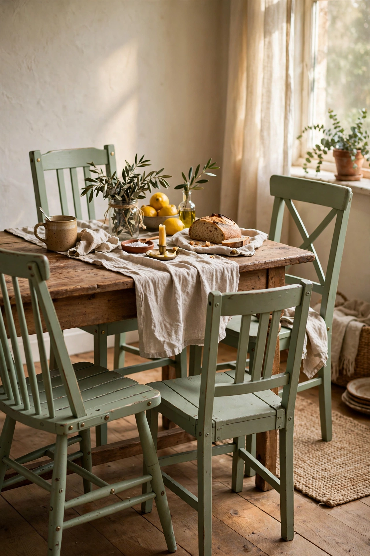 Mismatched wooden chairs sanded and painted sage green
