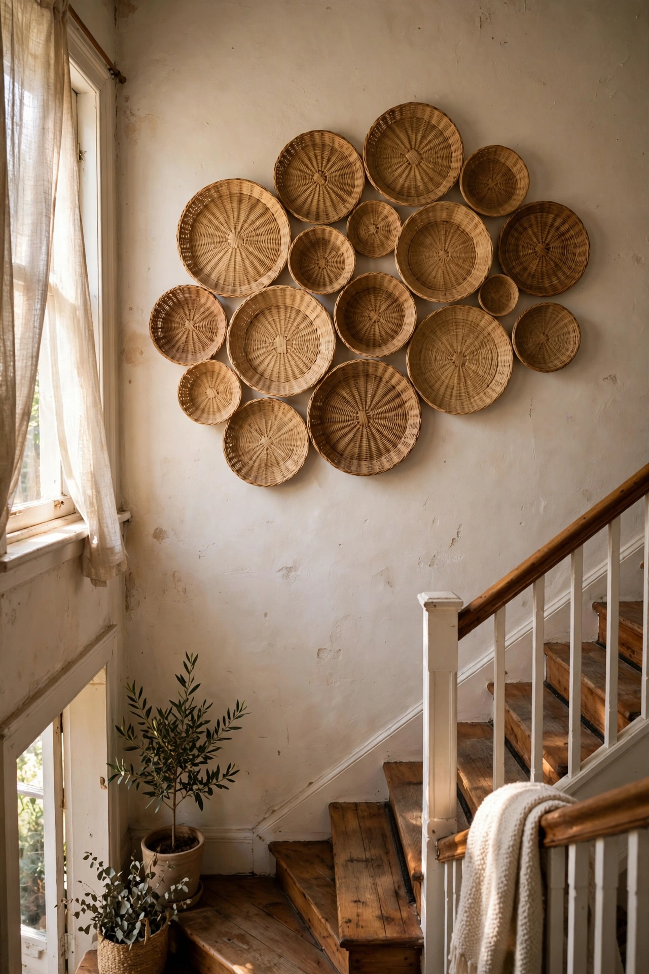 Cluster of flat woven baskets hung as wall art above stairs