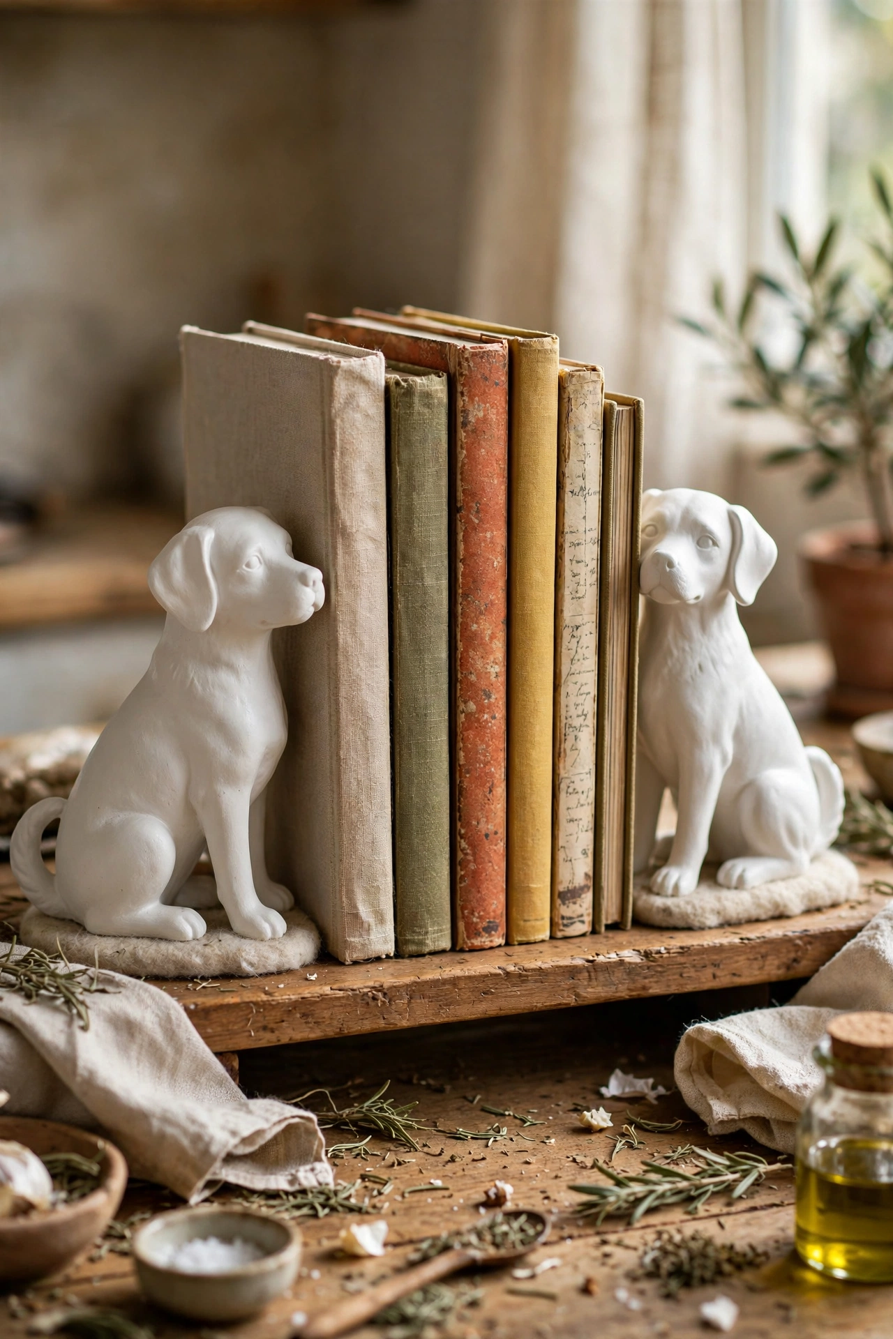 Ceramic dog figurines spray-painted white as bookends