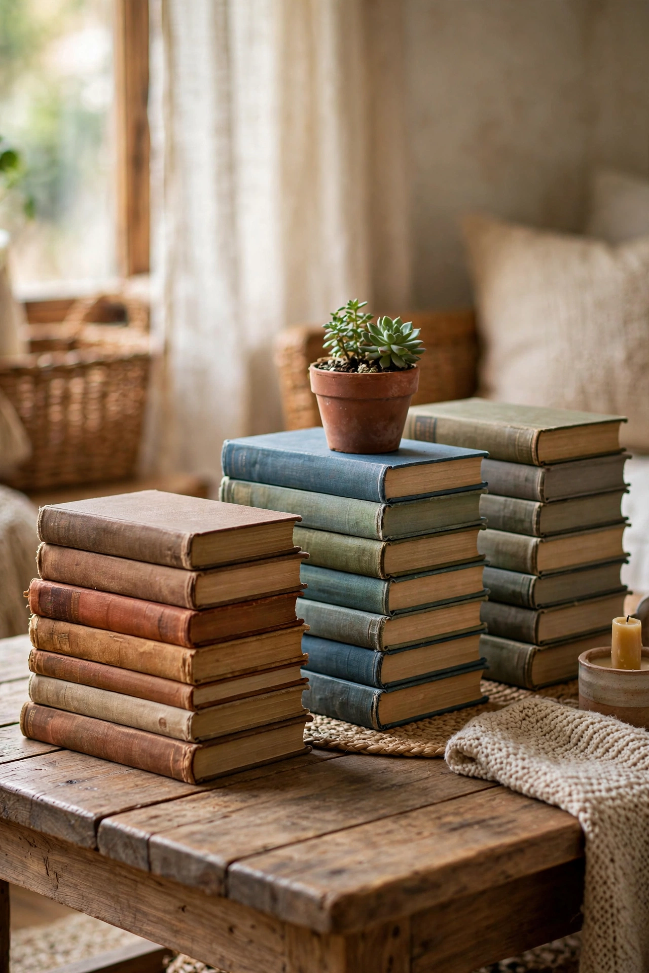 Stacks of old hardback books styled on a coffee table