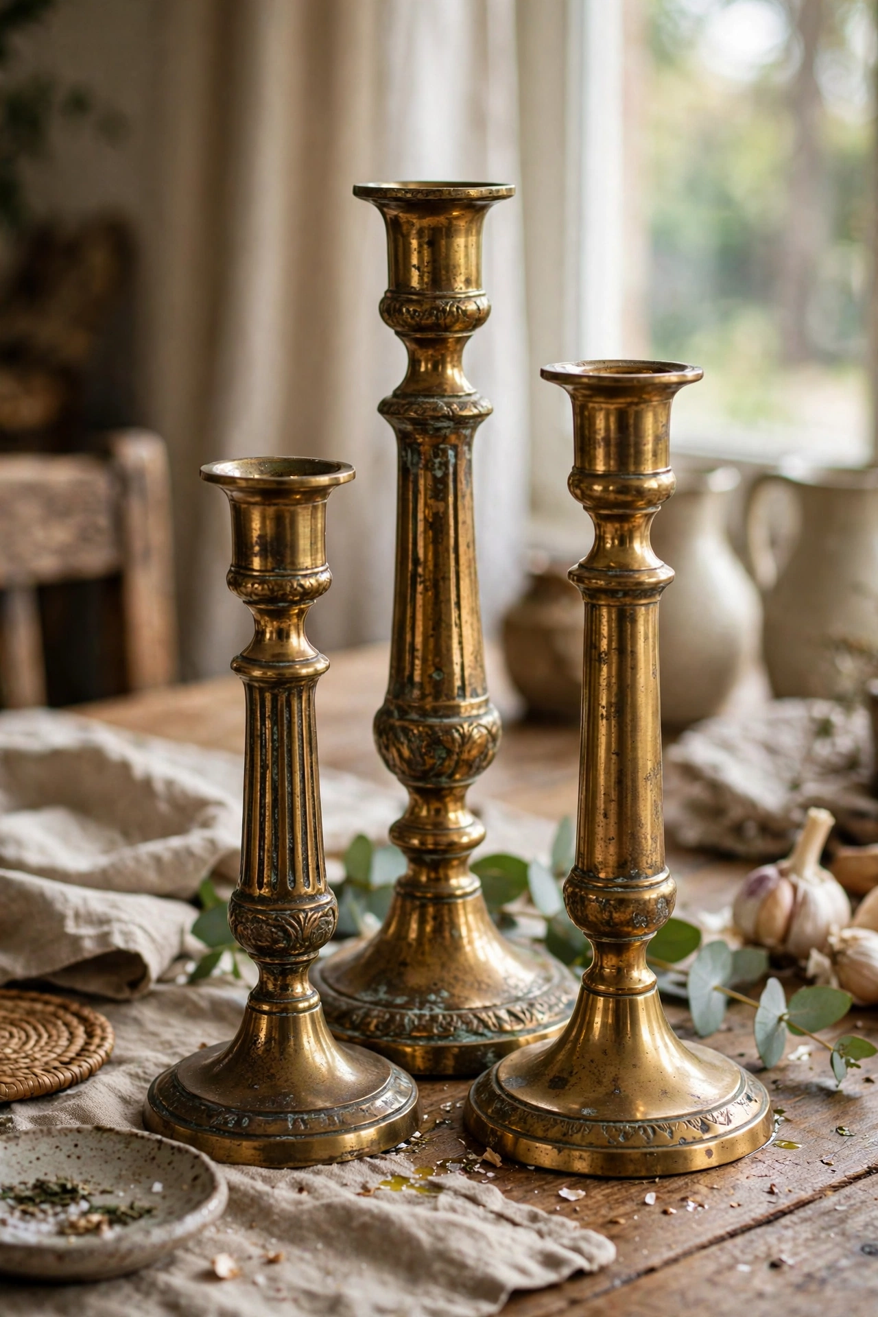 Tarnished brass candlesticks polished and styled in a group