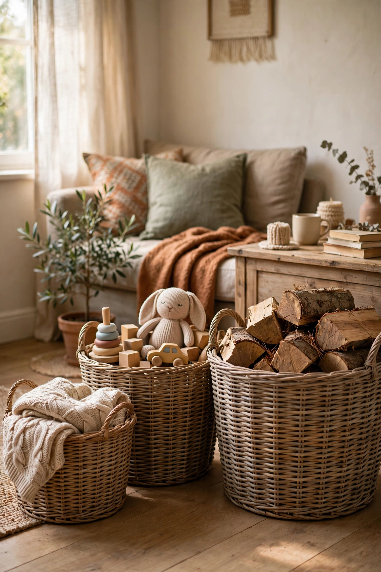 Wicker baskets in graduated sizes organising a living room