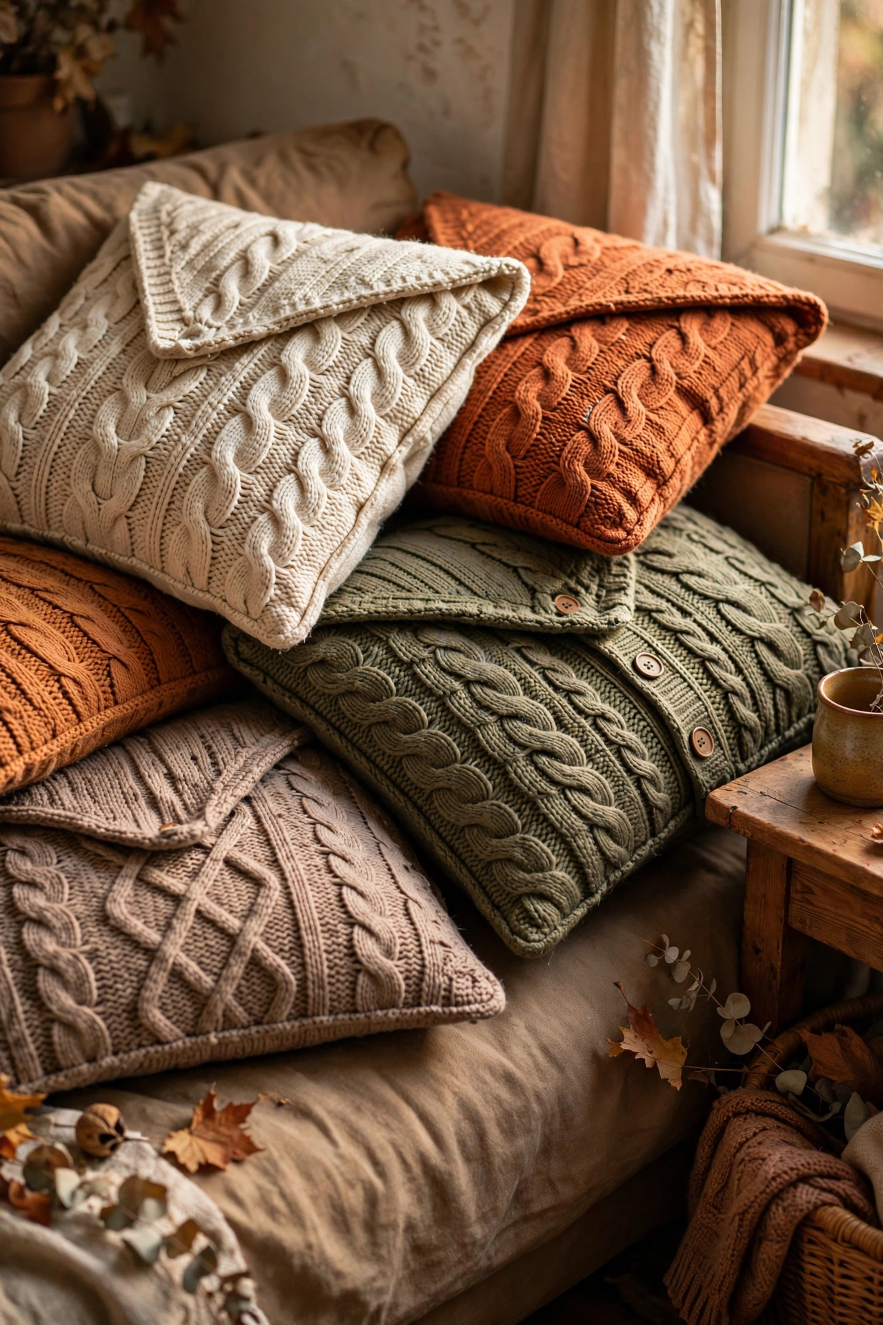 Cushion covers sewn from chunky knit thrifted jumpers
