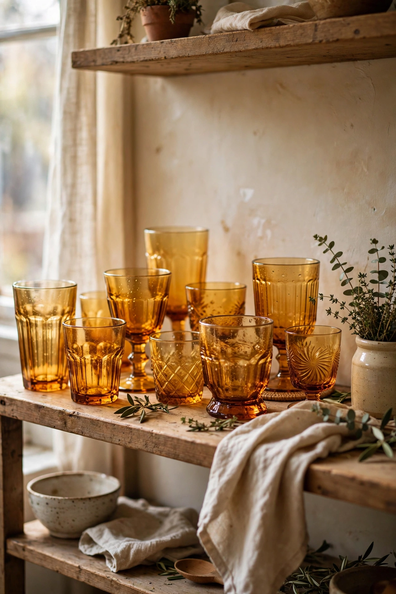 Mismatched amber vintage glasses collected on open shelving