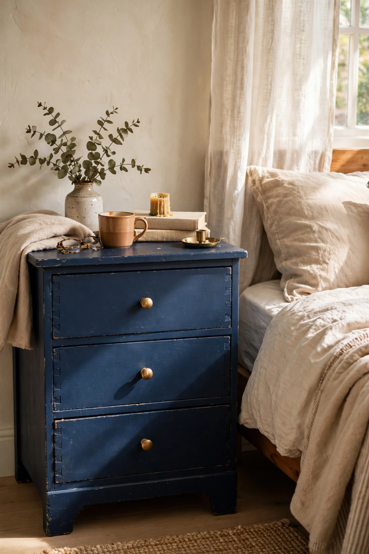 Small thrifted dresser painted navy used as a nightstand