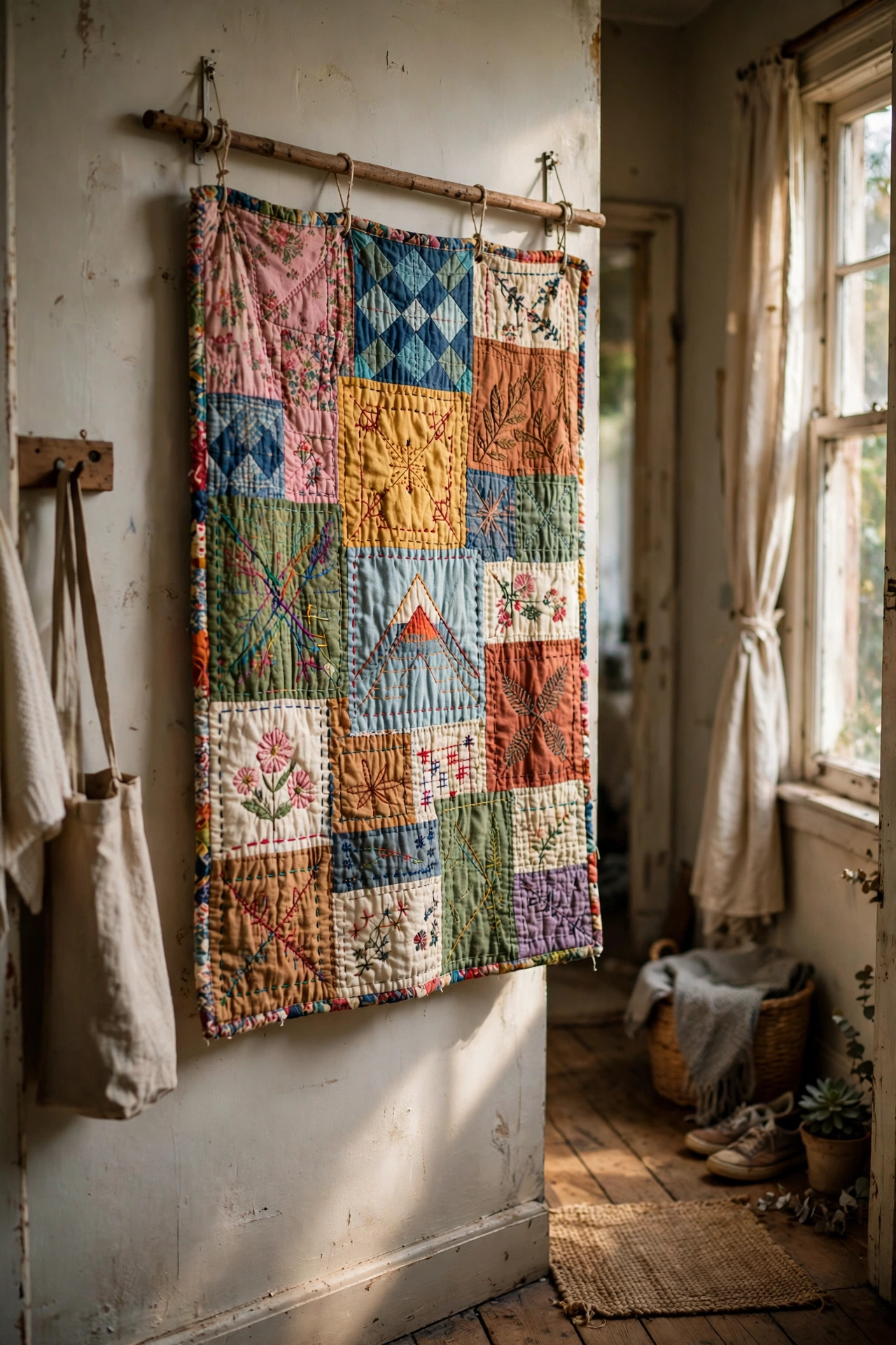 Vintage handmade quilt hung as wall art in a hallway