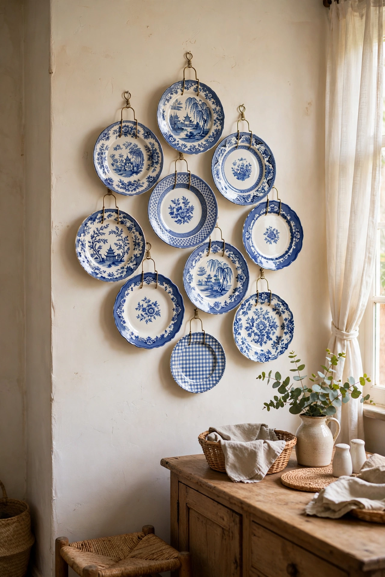 Blue and white plates hung in a cluster on a dining room wall