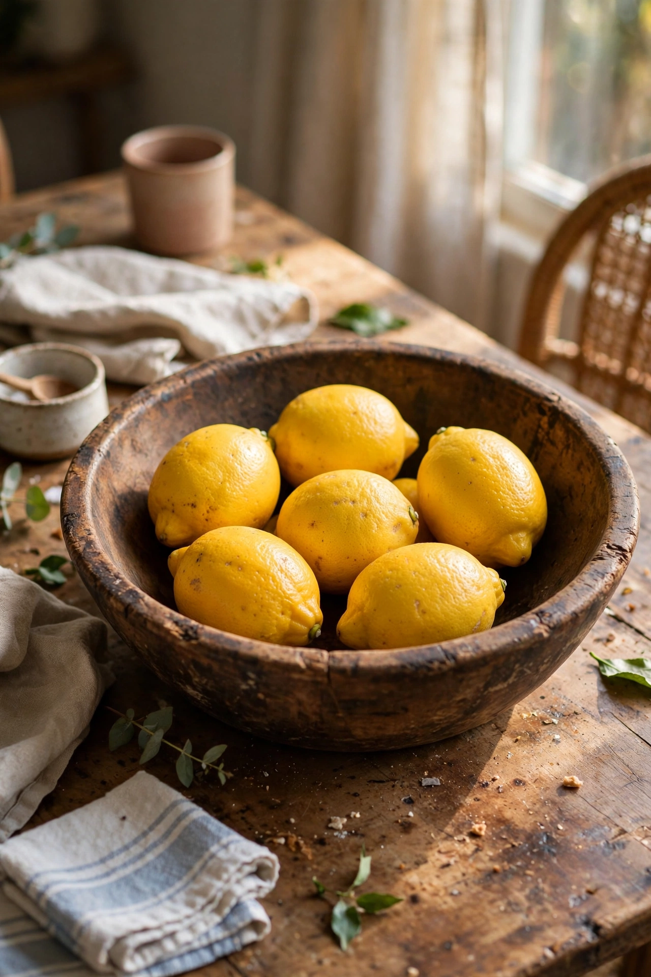 Large wooden bowl styled with lemons as a centrepiece