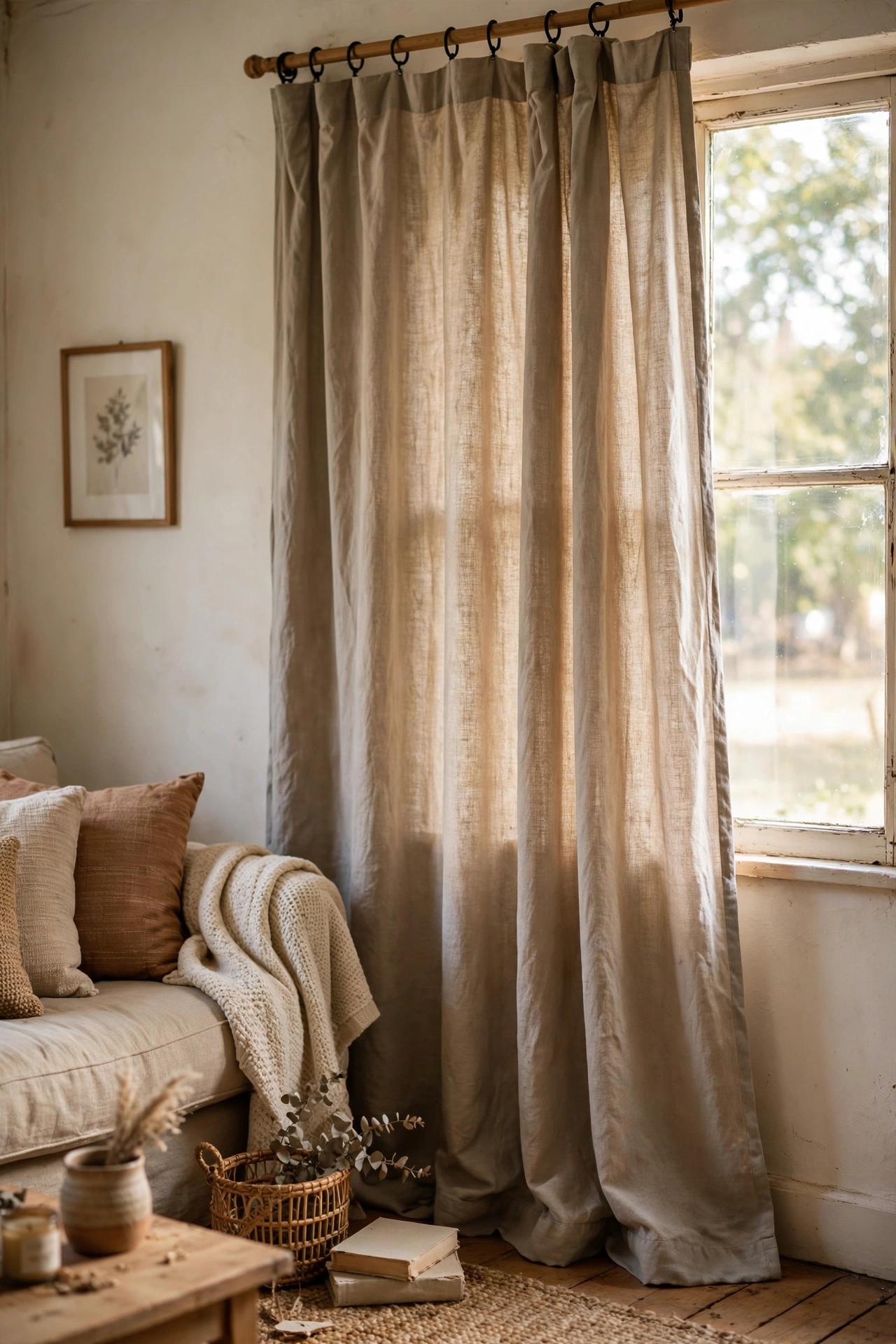 Curtains dyed warm greige and hemmed in a living room