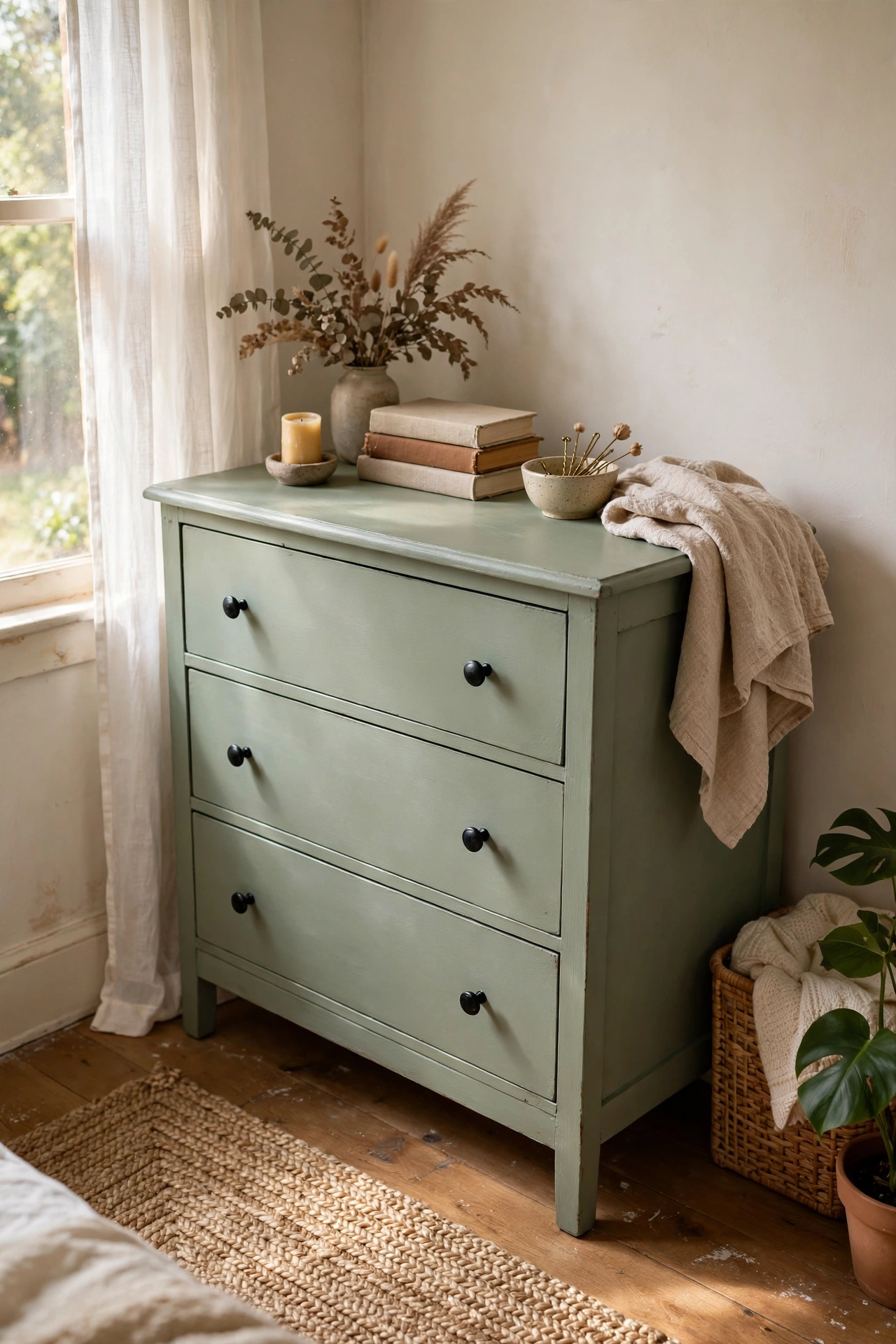 Sage green chalk-painted wooden dresser with black knobs in a bright bedroom