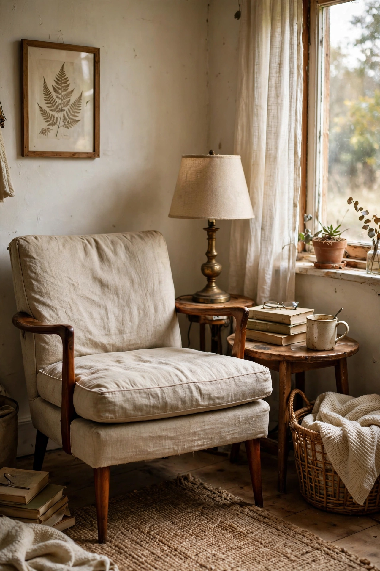 Vintage armchair reupholstered in oatmeal linen beside a bookshelf